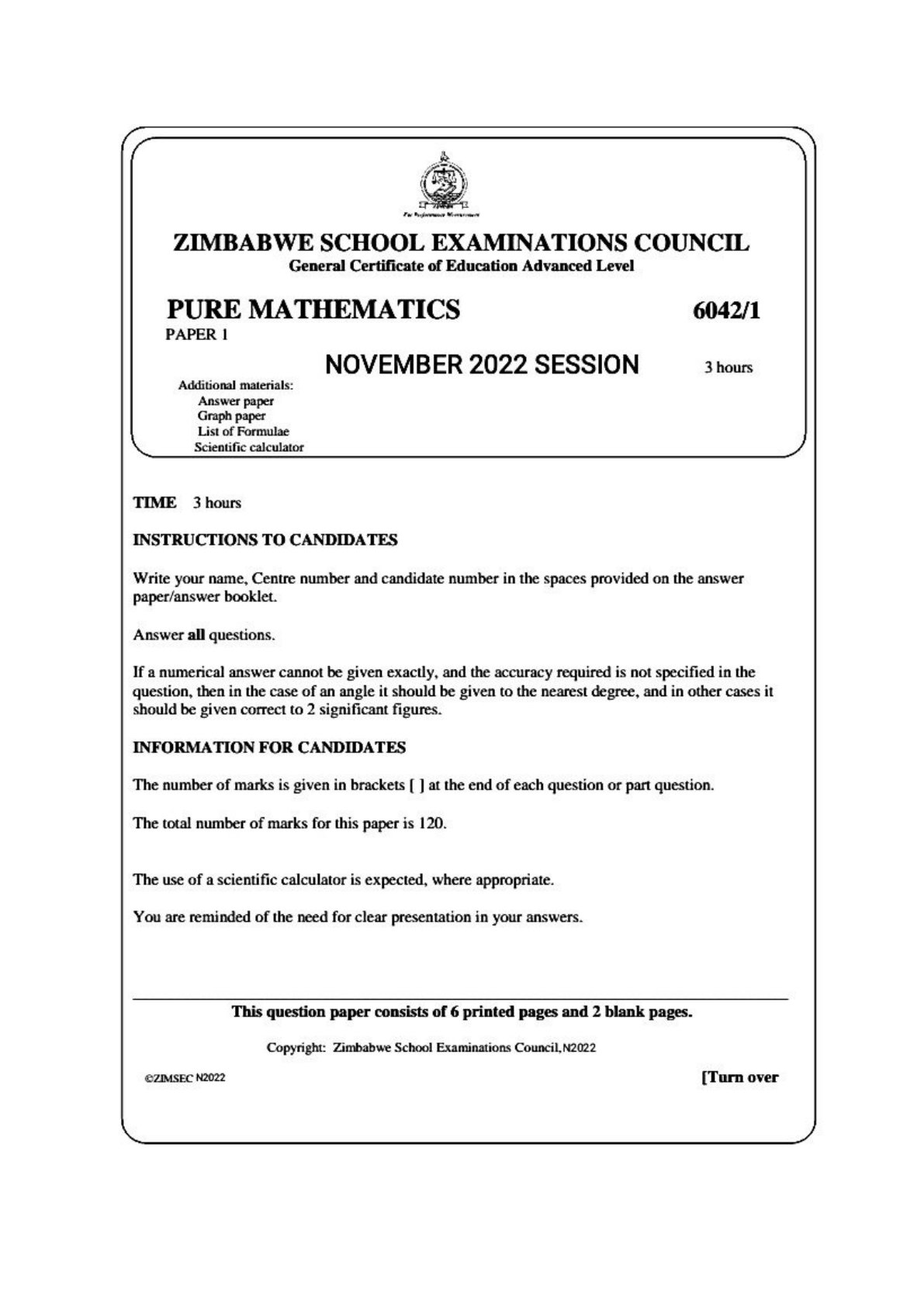 First page of ZIMSEC A-Level Pure Mathematics Paper 1 November 2022 Question Paper
