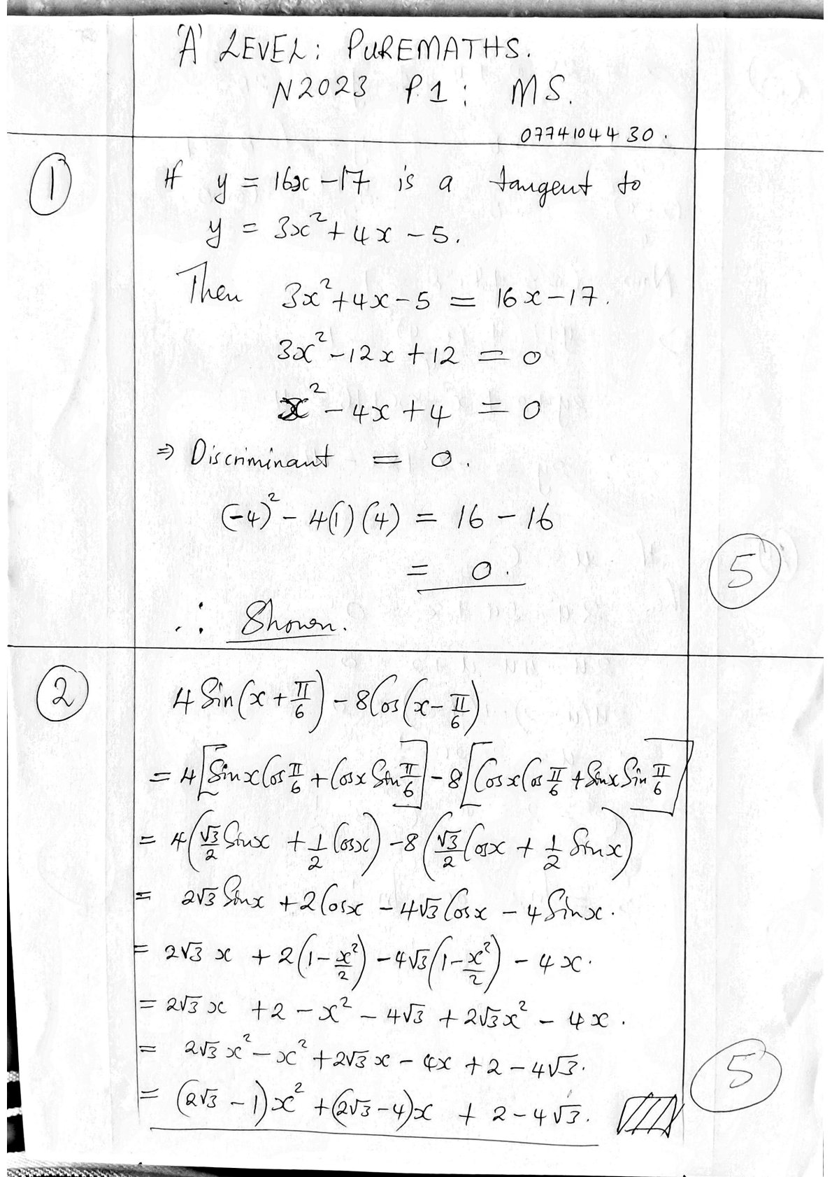 First page of ZIMSEC A-Level Pure Mathematics Paper 1 November 2023 Marking Scheme