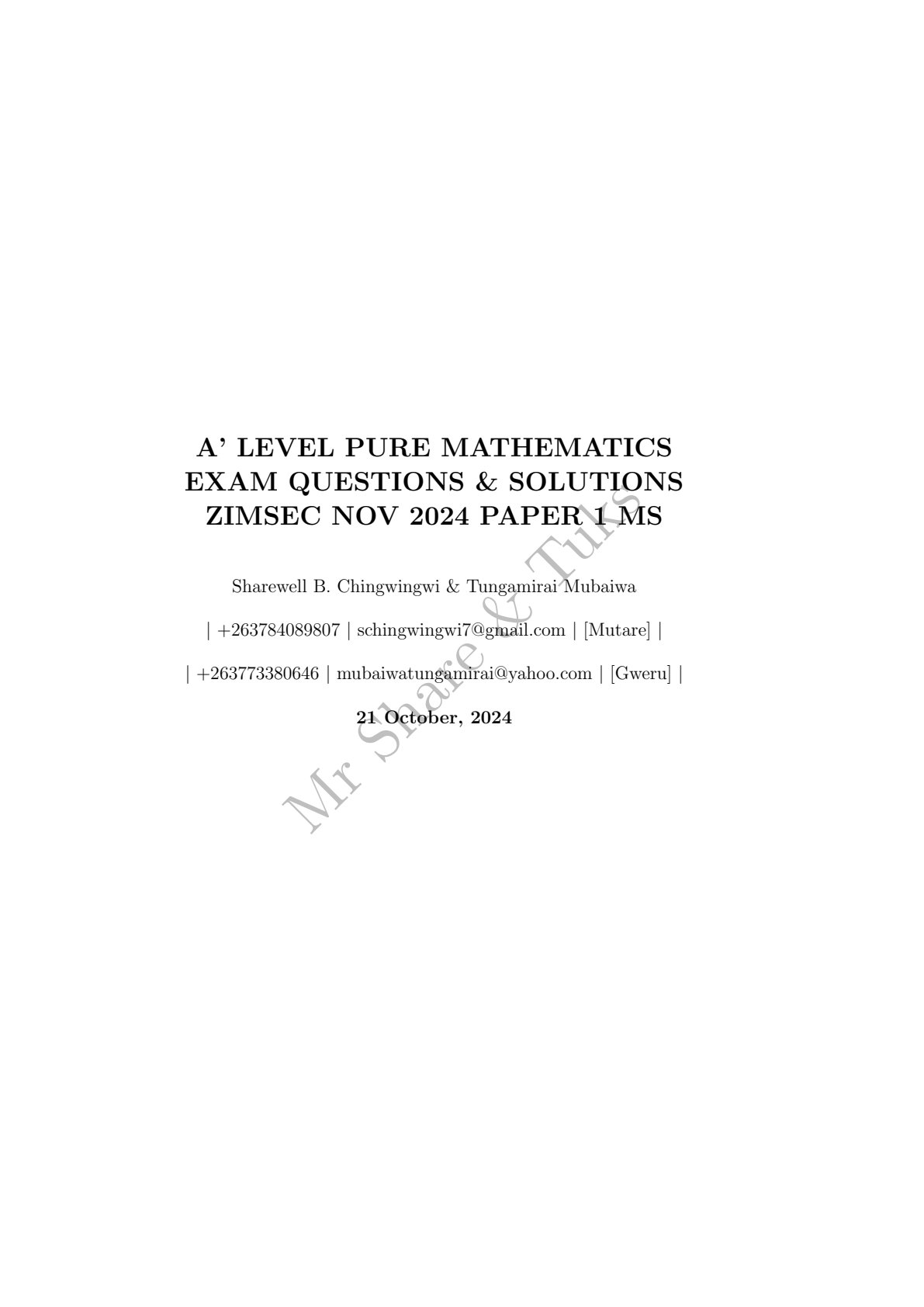 First page of ZIMSEC A-Level Pure Mathematics Paper 1 November 2024 Marking Scheme