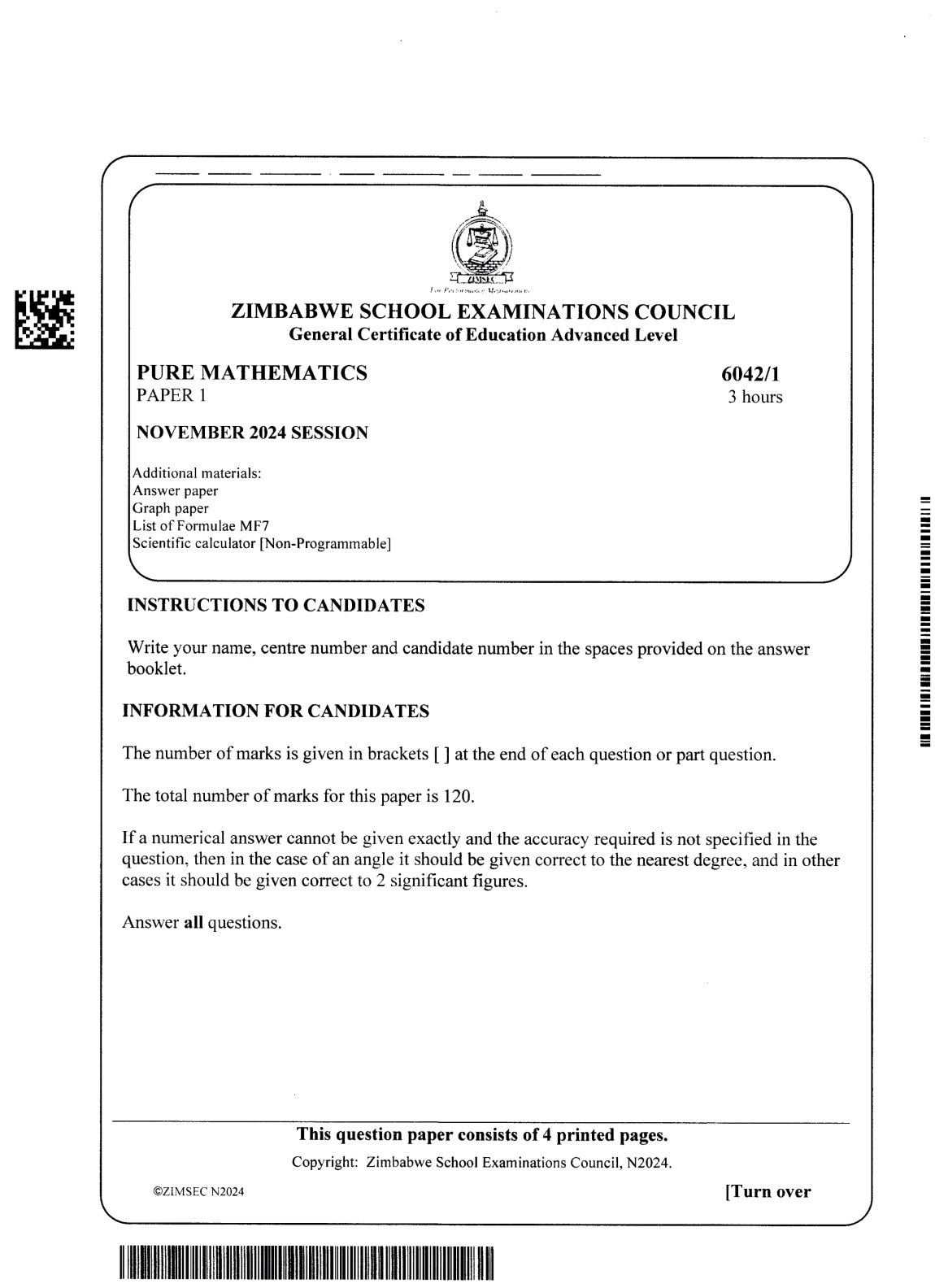 First page of ZIMSEC A-Level Pure Mathematics Paper 1 November 2024 Question Paper