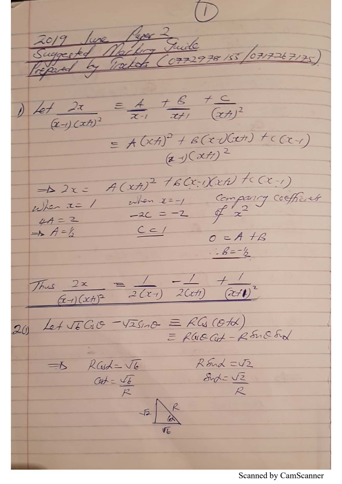First page of ZIMSEC A-Level Pure Mathematics Paper 2 June 2019 Marking Scheme
