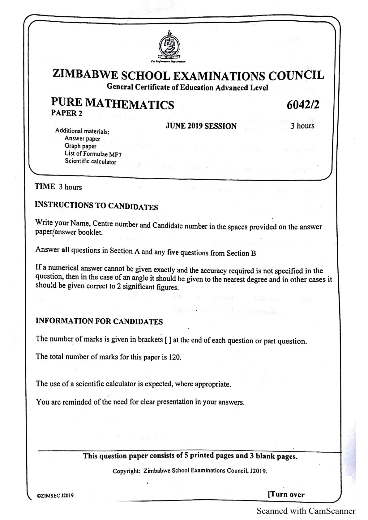 First page of ZIMSEC A-Level Pure Mathematics Paper 2 June 2019 Question Paper