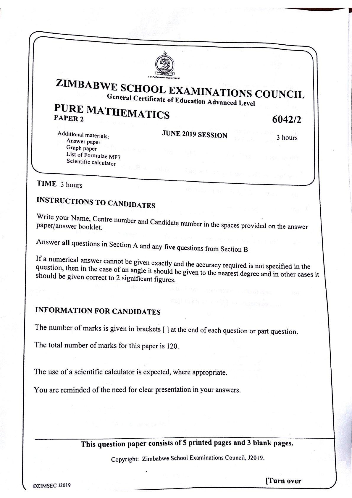 First page of ZIMSEC A-Level Pure Mathematics Paper 2 June 2019 Question Paper