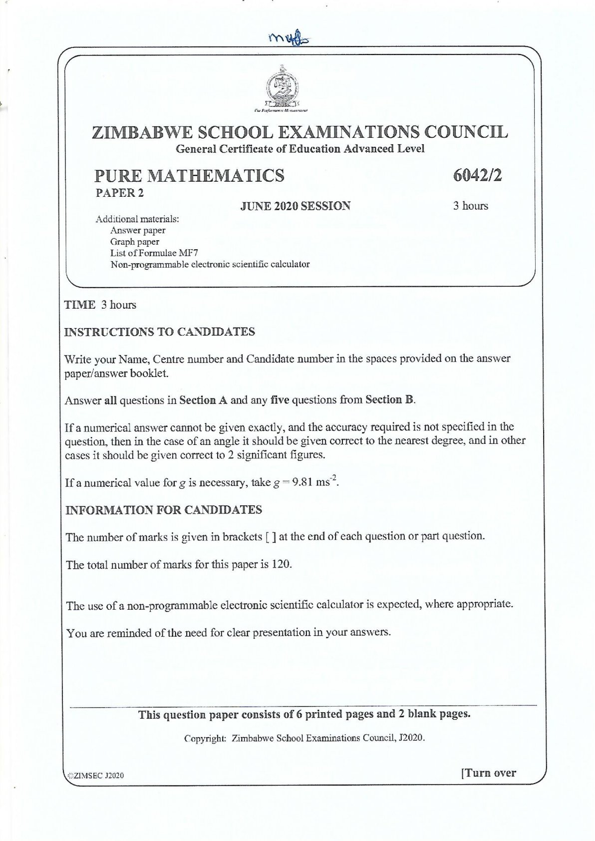 First page of ZIMSEC A-Level Pure Mathematics Paper 2 June 2020 Question Paper