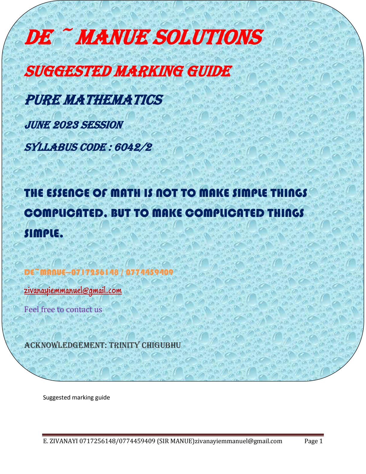 First page of ZIMSEC A-Level Pure Mathematics Paper 2 June 2023 Marking Scheme