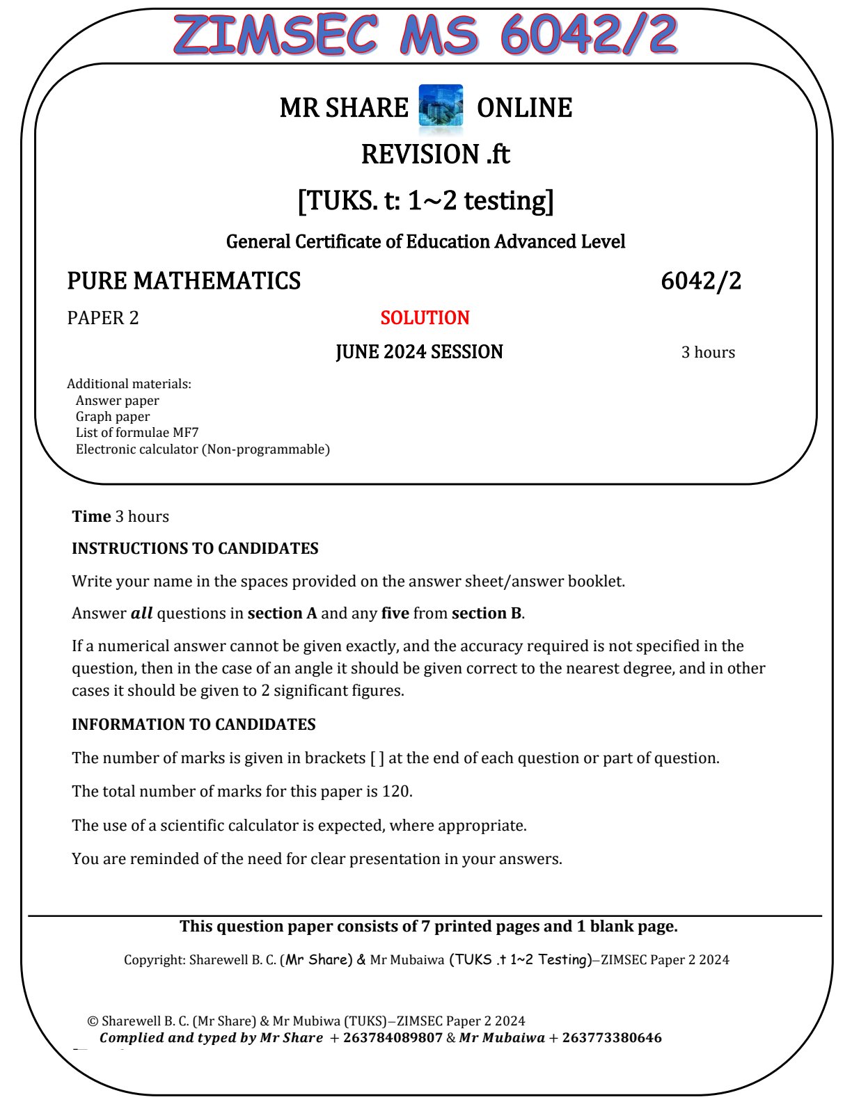 First page of ZIMSEC A-Level Pure Mathematics Paper 2 June 2024 Marking Scheme