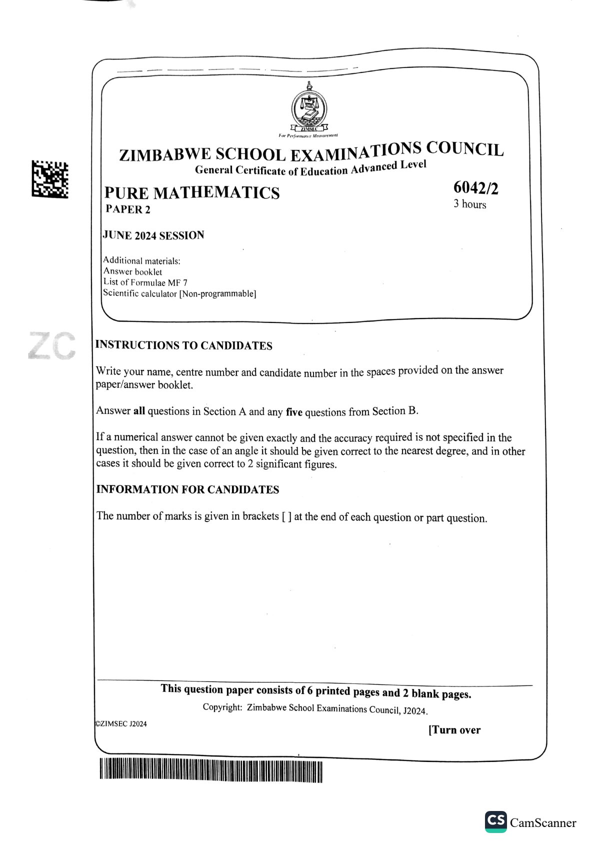 First page of ZIMSEC A-Level Pure Mathematics Paper 2 June 2024 Question Paper