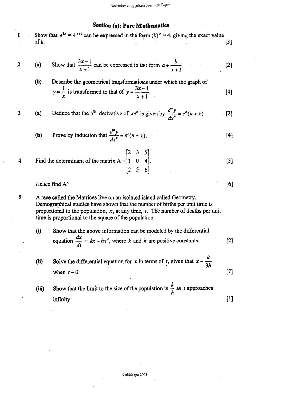 First page of ZIMSEC A-Level Pure Mathematics Paper 2 November 2003 Question Paper