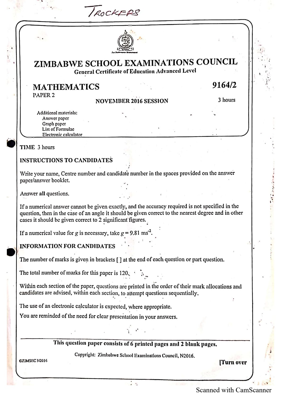 First page of ZIMSEC A-Level Pure Mathematics Paper 2 November 2016 Question Paper
