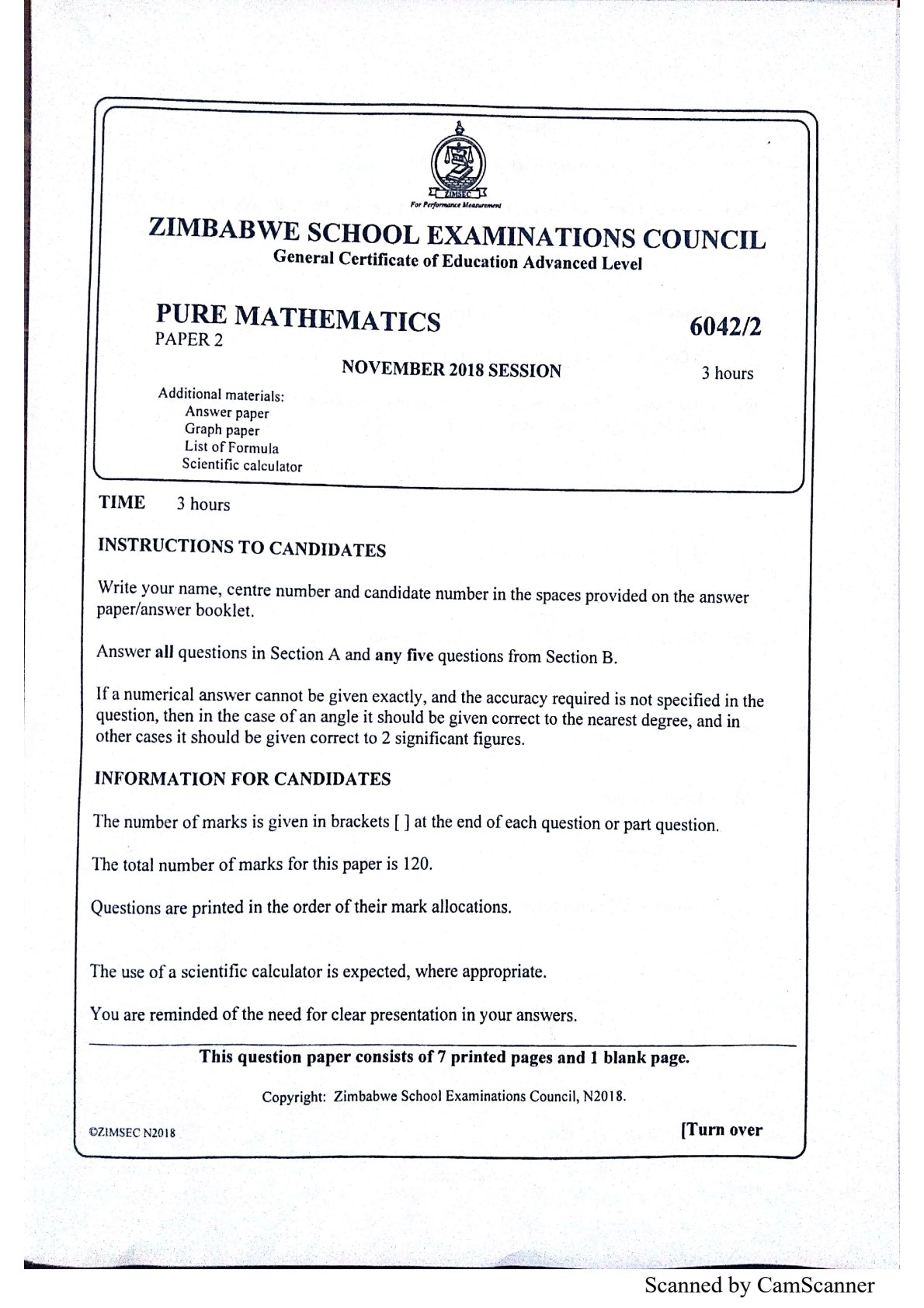 First page of ZIMSEC A-Level Pure Mathematics Paper 2 November 2018 Question Paper