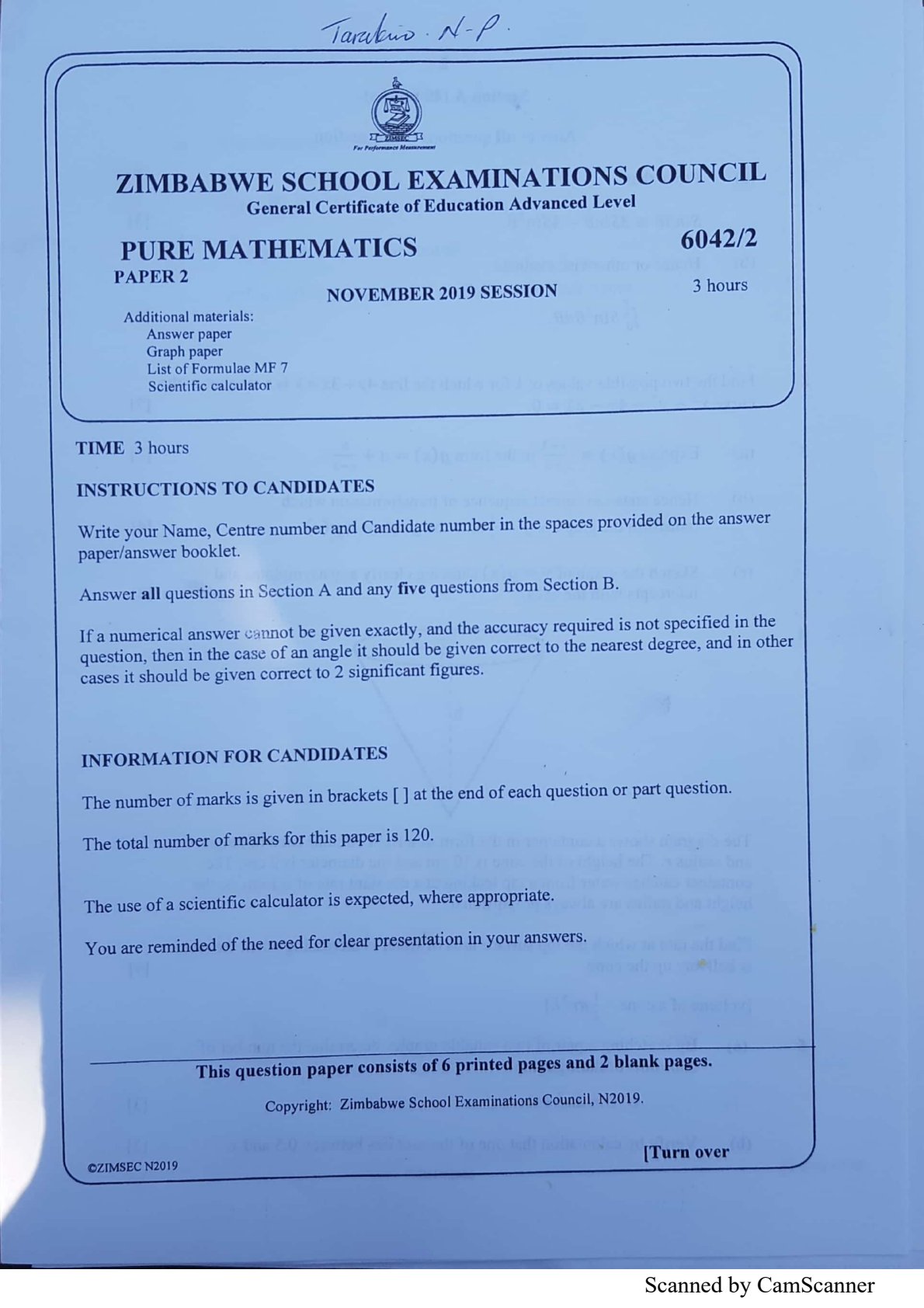 First page of ZIMSEC A-Level Pure Mathematics Paper 2 November 2019 Question Paper