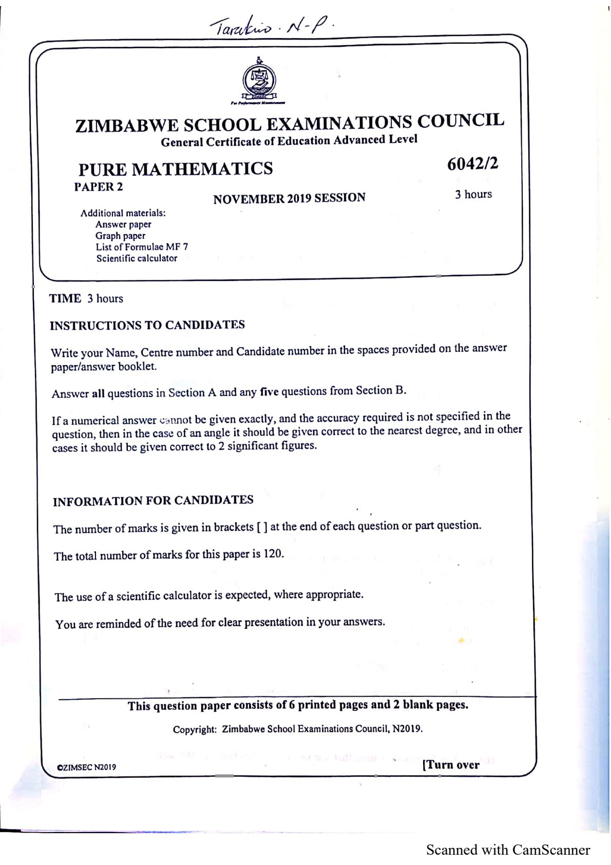 First page of ZIMSEC A-Level Pure Mathematics Paper 2 November 2019 Question Paper