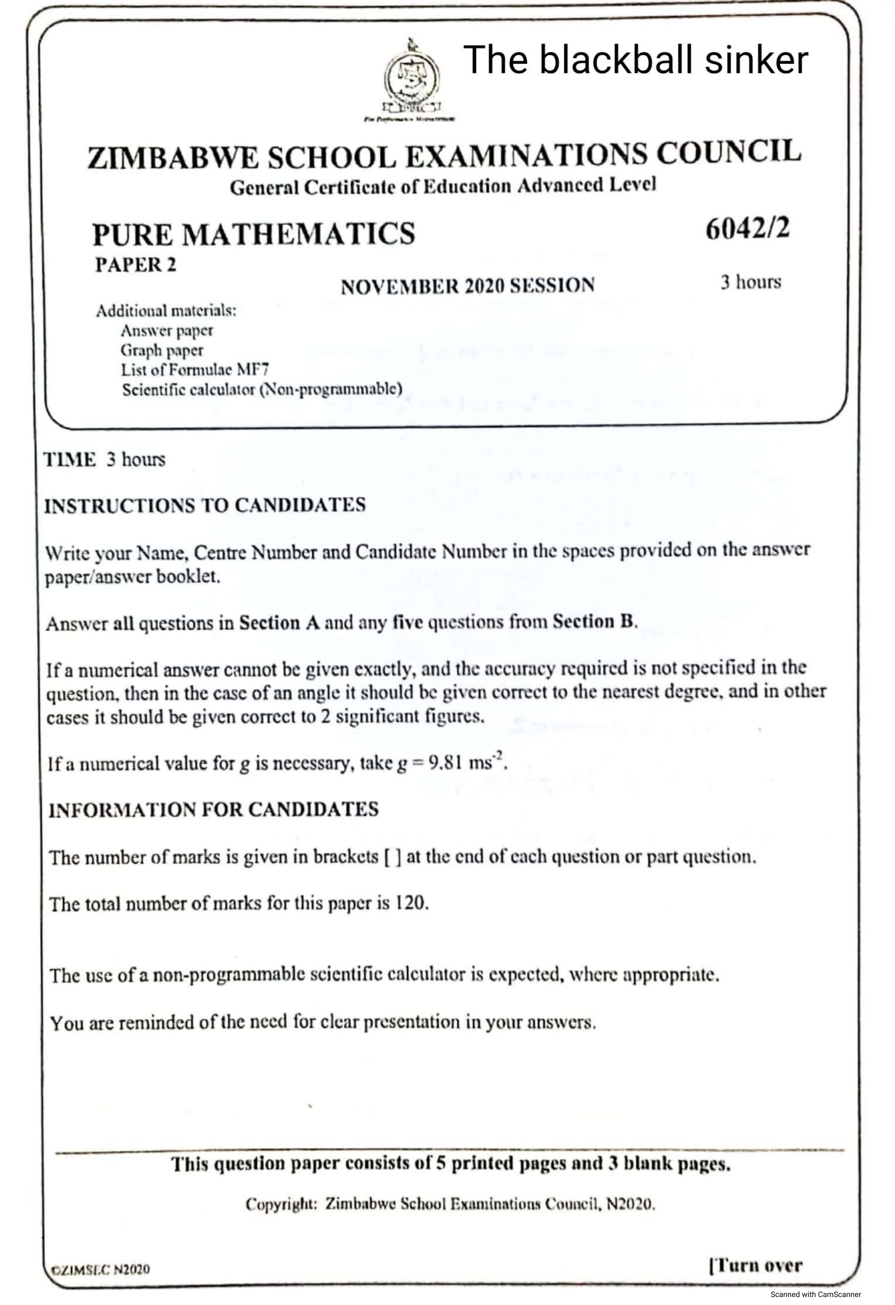 First page of ZIMSEC A-Level Pure Mathematics Paper 2 November 2020 Question Paper