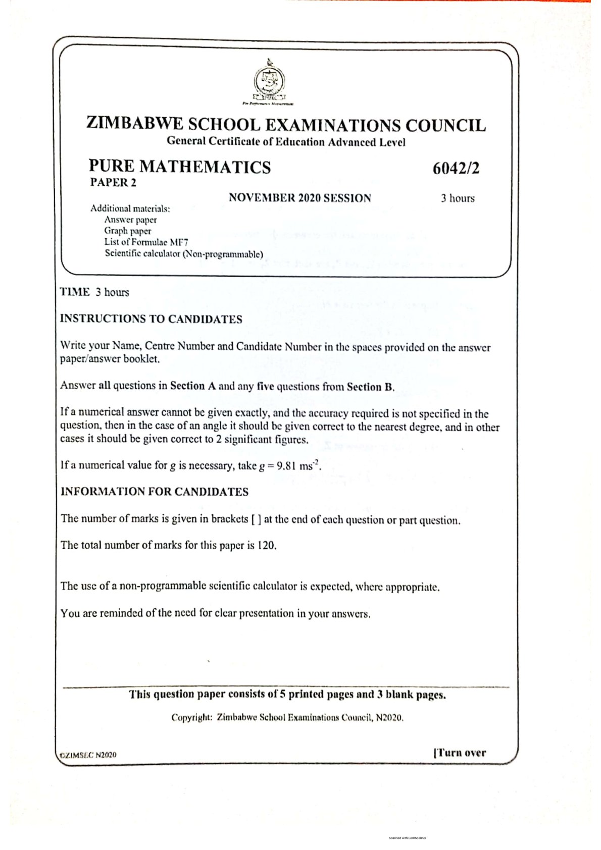First page of ZIMSEC A-Level Pure Mathematics Paper 2 November 2020 Question Paper