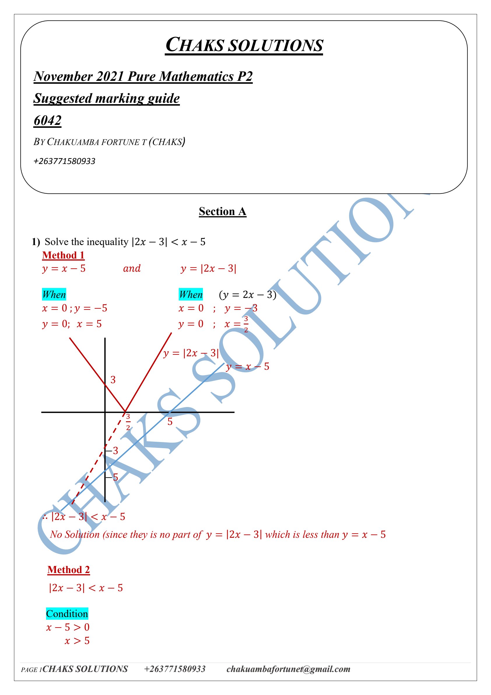 First page of ZIMSEC A-Level Pure Mathematics Paper 2 November 2021 Marking Scheme