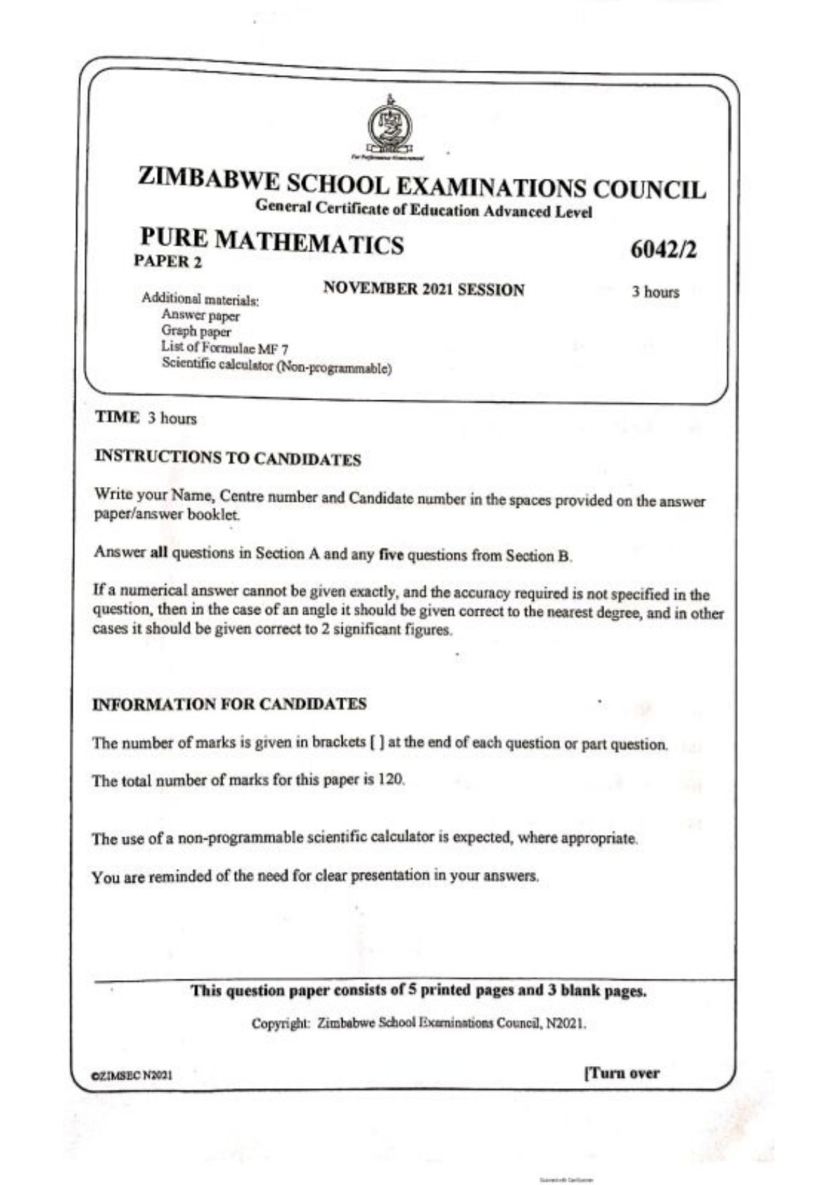 First page of ZIMSEC A-Level Pure Mathematics Paper 2 November 2021 Question Paper