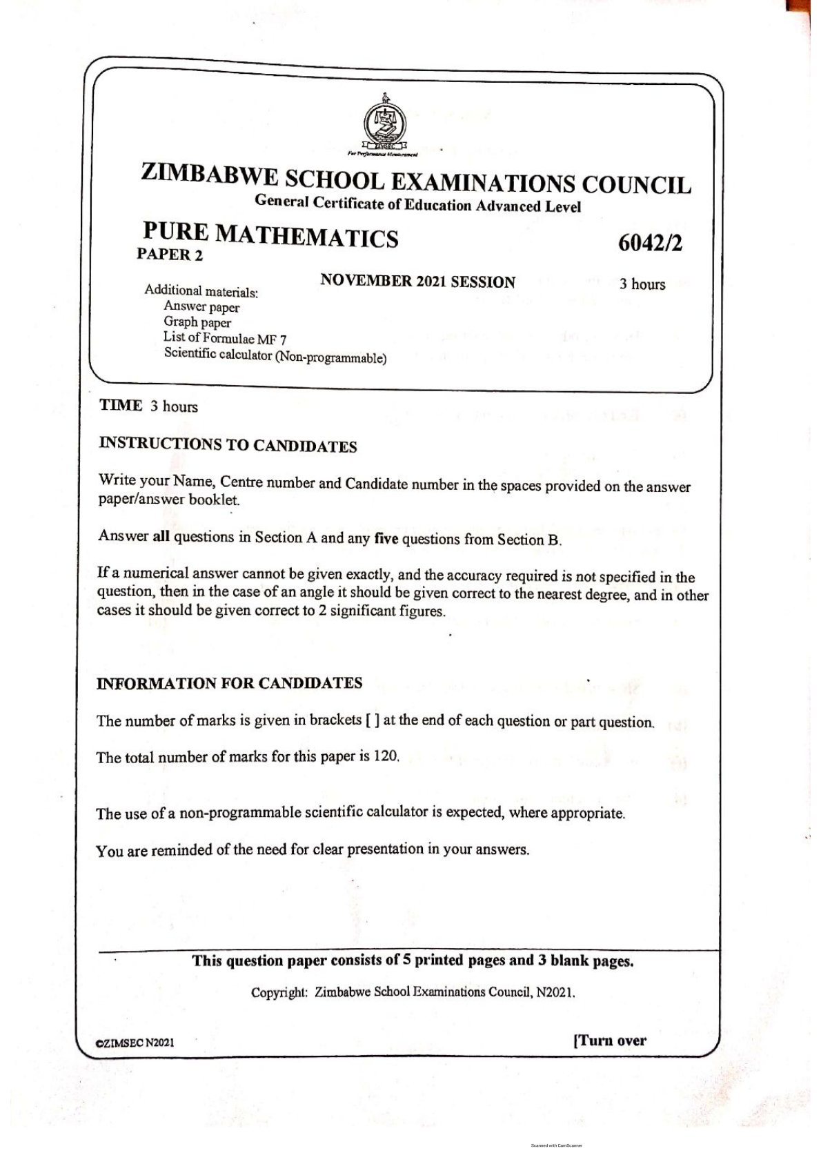 First page of ZIMSEC A-Level Pure Mathematics Paper 2 November 2021 Question Paper
