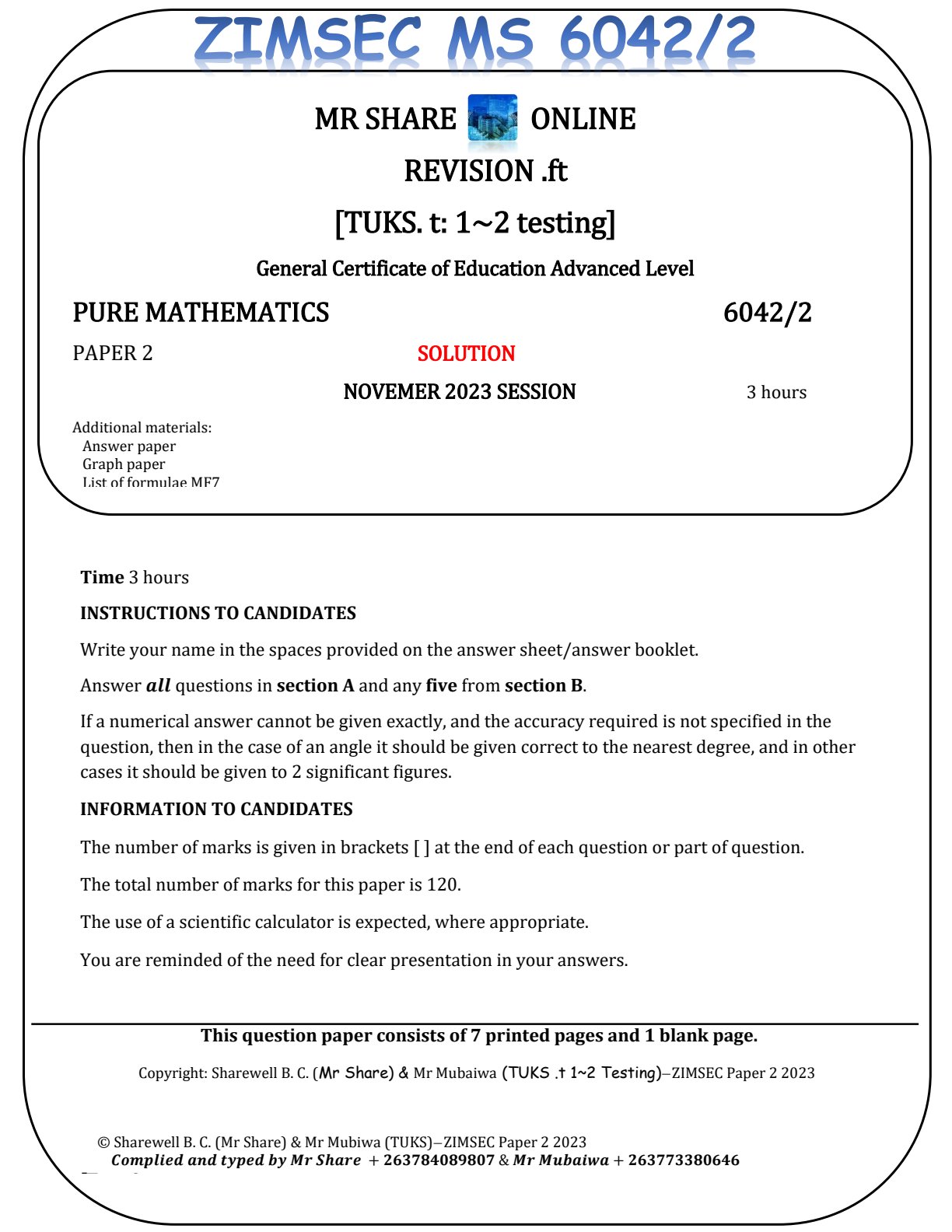 First page of ZIMSEC A-Level Pure Mathematics Paper 2 November 2023 Marking Scheme