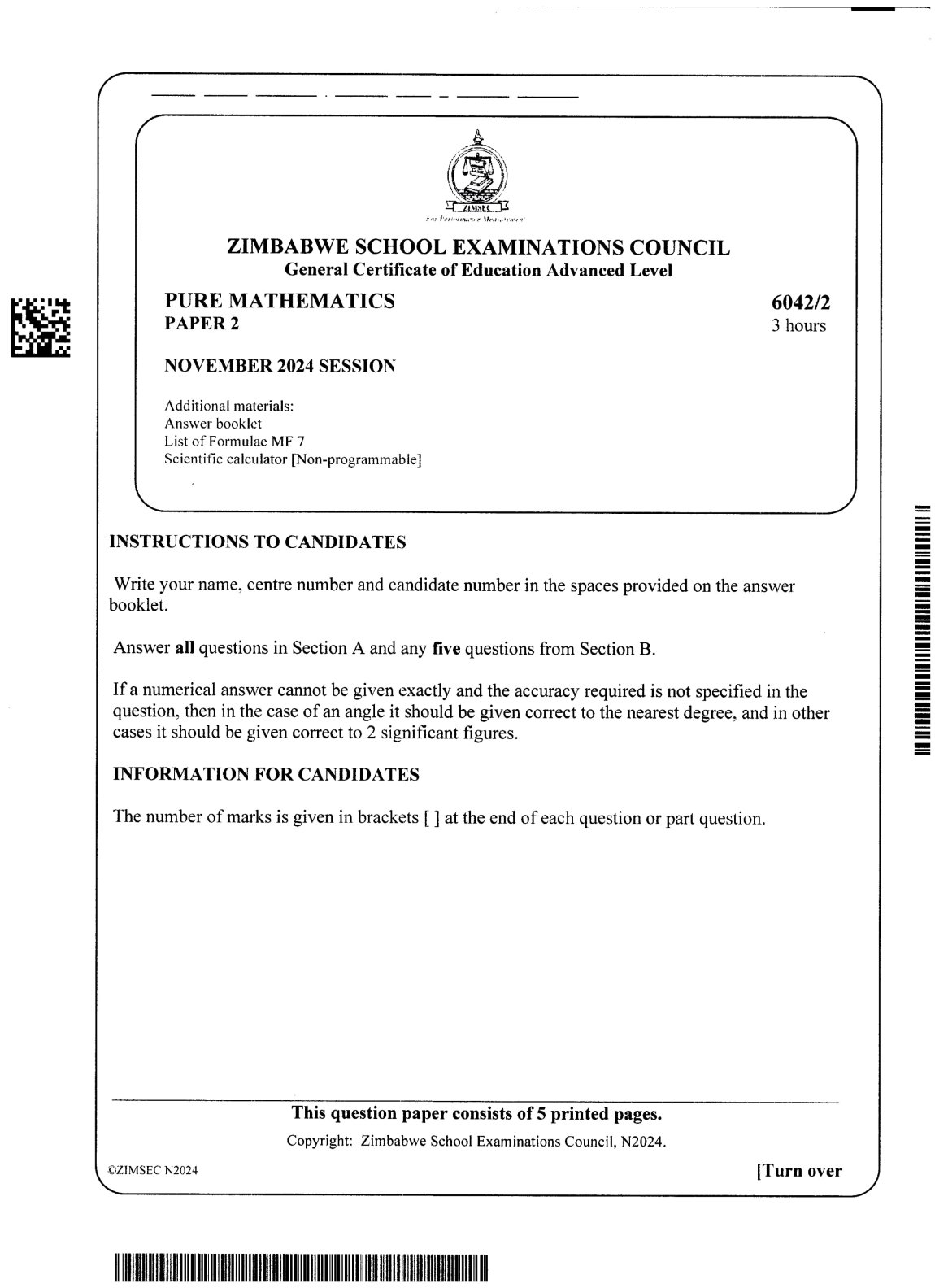 First page of ZIMSEC A-Level Pure Mathematics Paper 2 November 2024 Question Paper