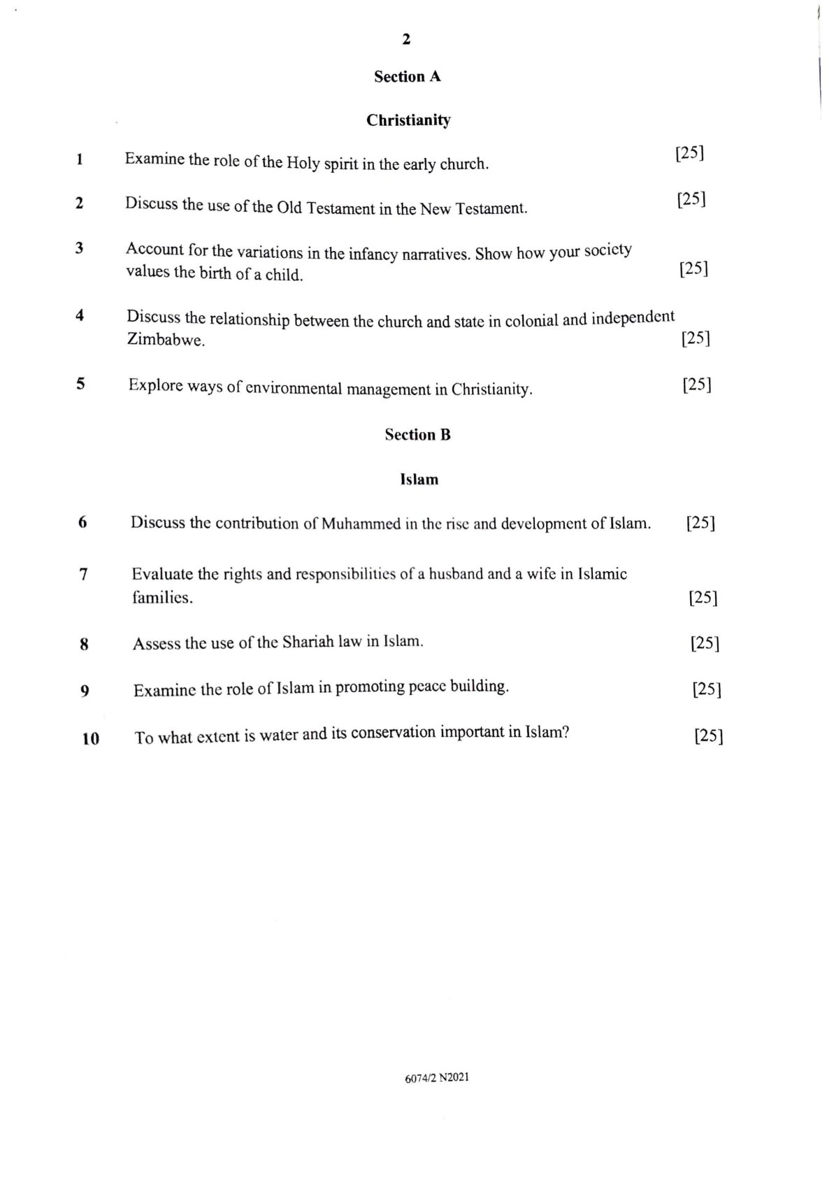 First page of ZIMSEC A-Level Religious Studies Paper 2 November 2021 Question Paper