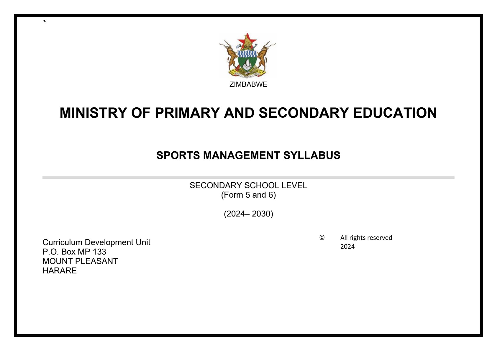 First page of ZIMSEC A-Level Sports Management 2024 Syllabus
