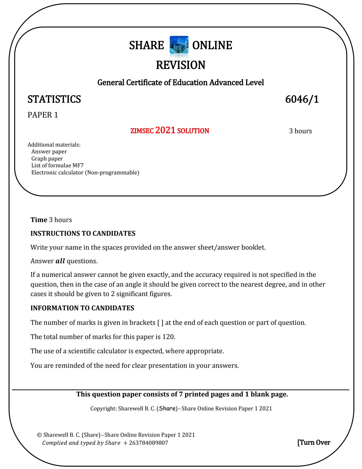 First page of ZIMSEC A-Level Statistics Paper 1 2021 Marking Scheme