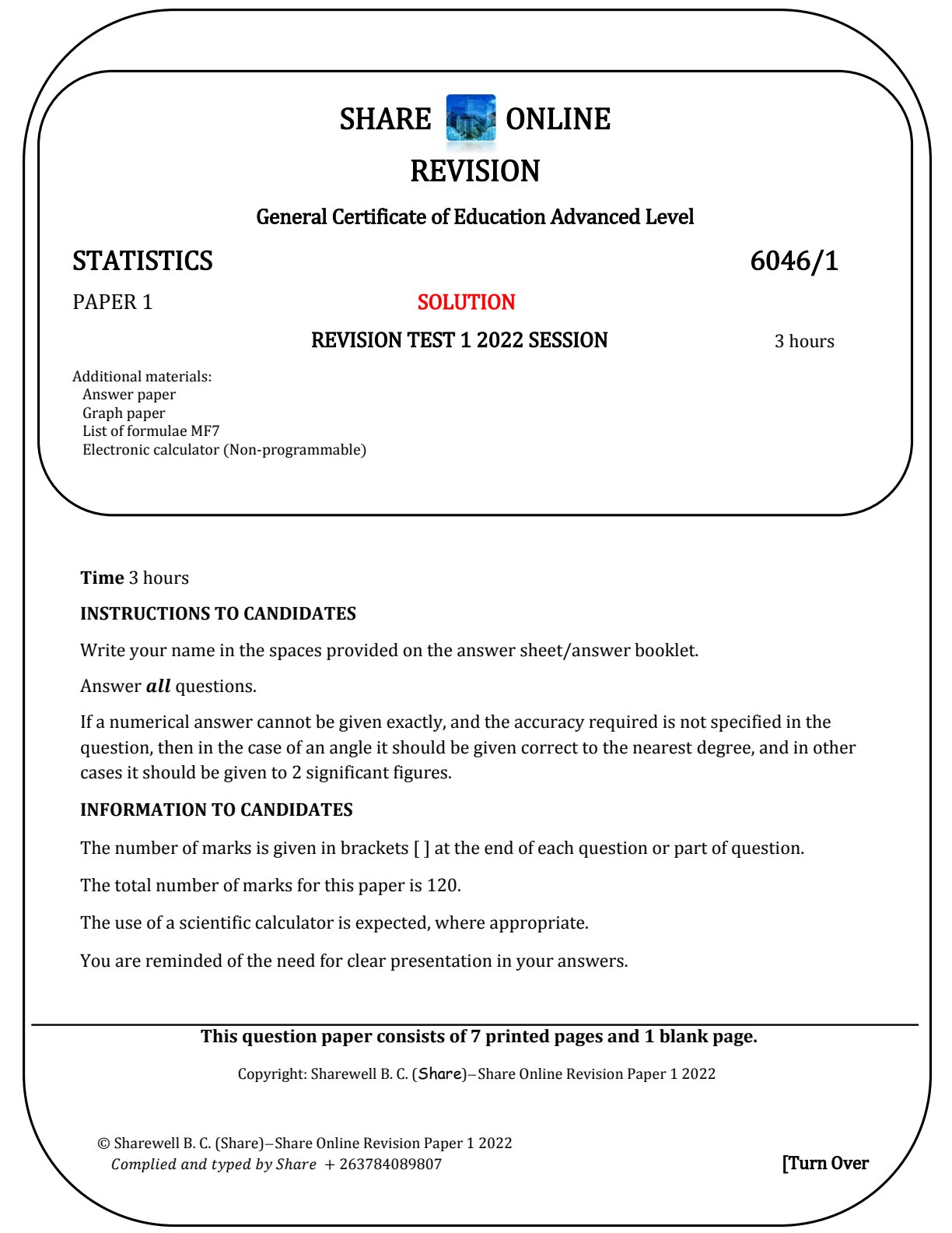 First page of ZIMSEC A-Level Statistics Paper 1 2022 Marking Scheme