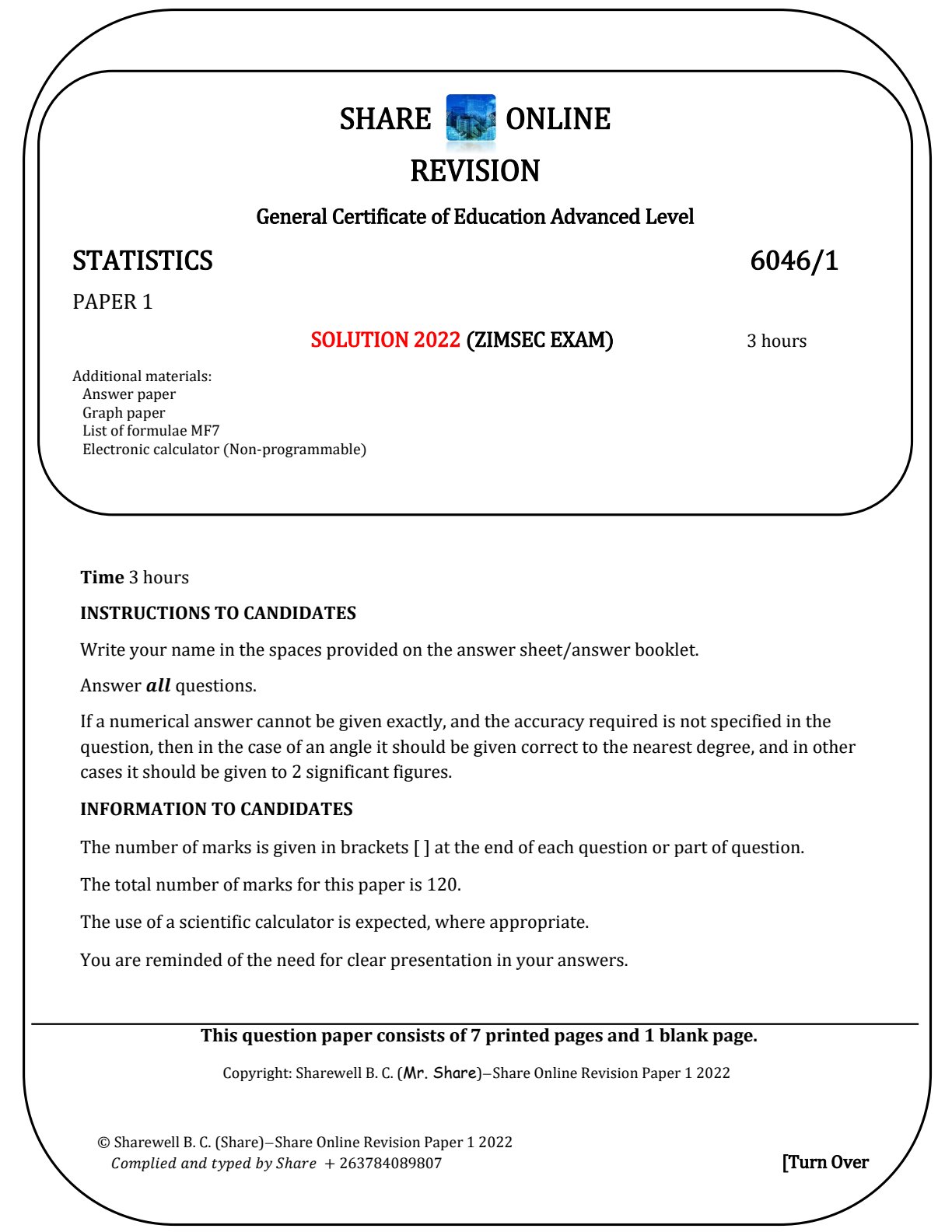 First page of ZIMSEC A-Level Statistics Paper 1 2022 Marking Scheme