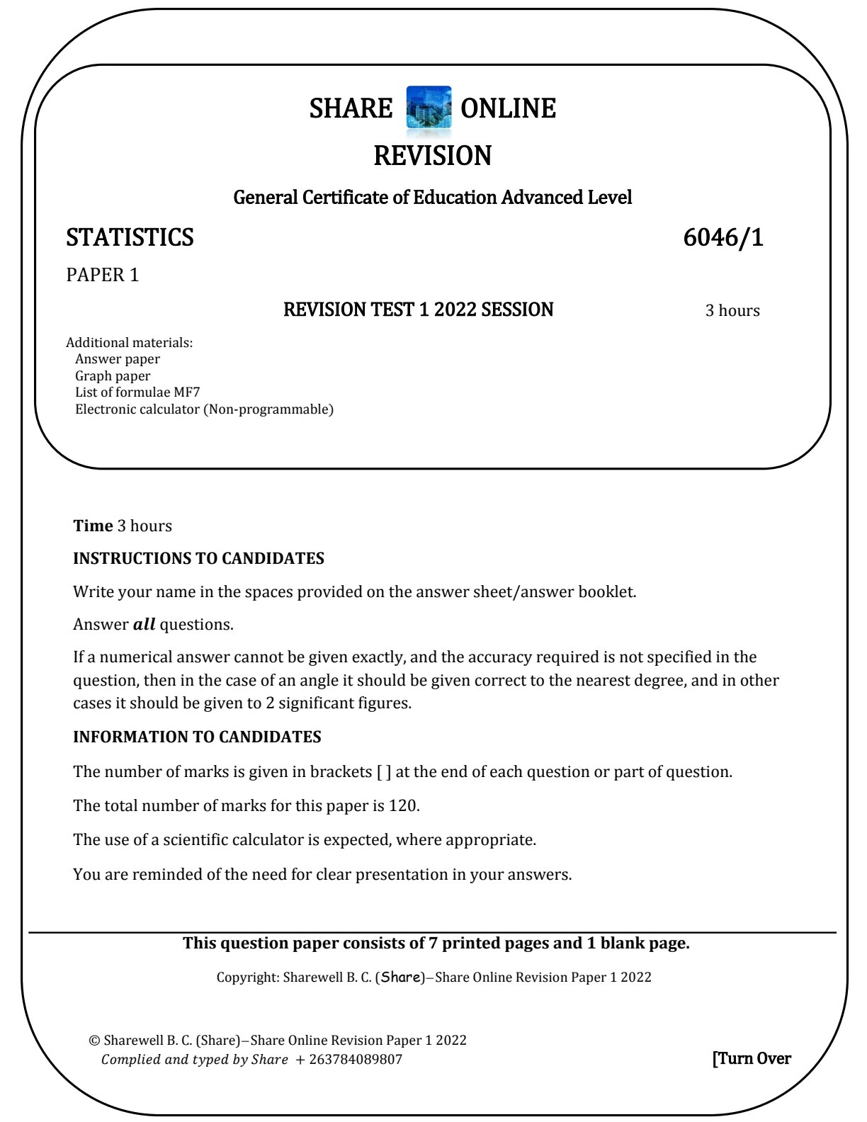 First page of ZIMSEC A-Level Statistics Paper 1 2022 Question Paper