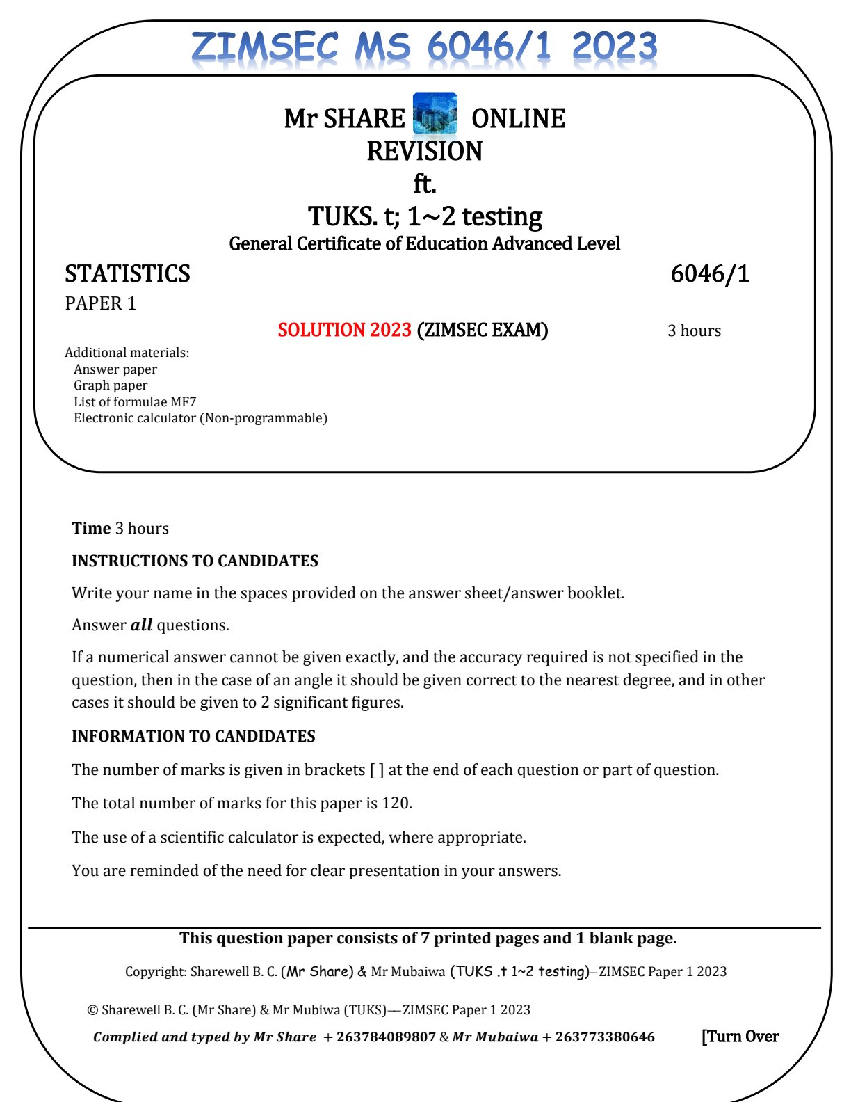First page of ZIMSEC A-Level Statistics Paper 1 2023 Marking Scheme