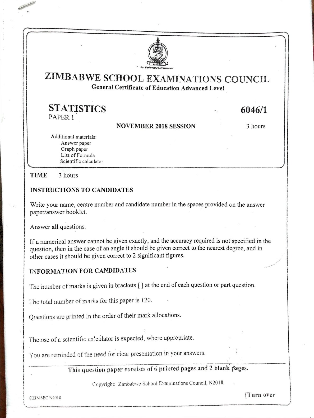 First page of ZIMSEC A-Level Statistics Paper 1 November 2018 Question Paper