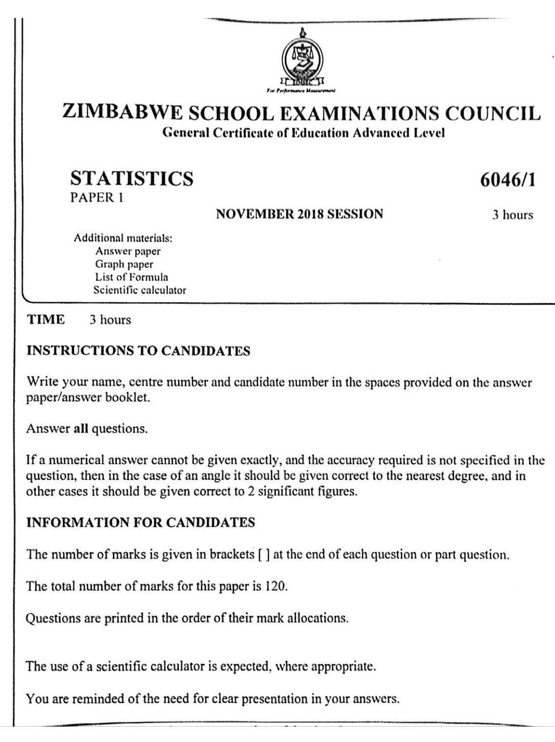 First page of ZIMSEC A-Level Statistics Paper 1 November 2018 Question Paper