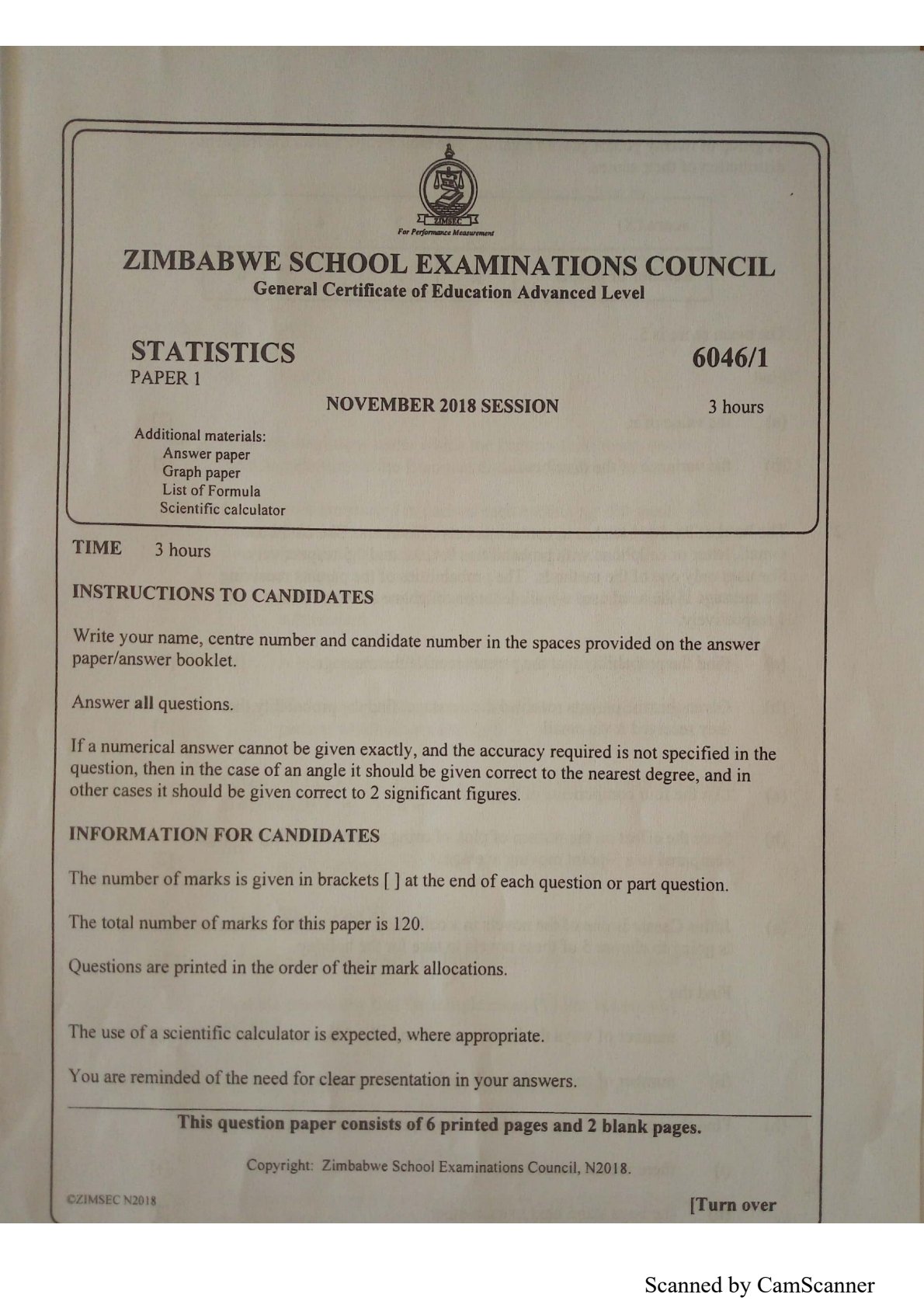 First page of ZIMSEC A-Level Statistics Paper 1 November 2018 Question Paper