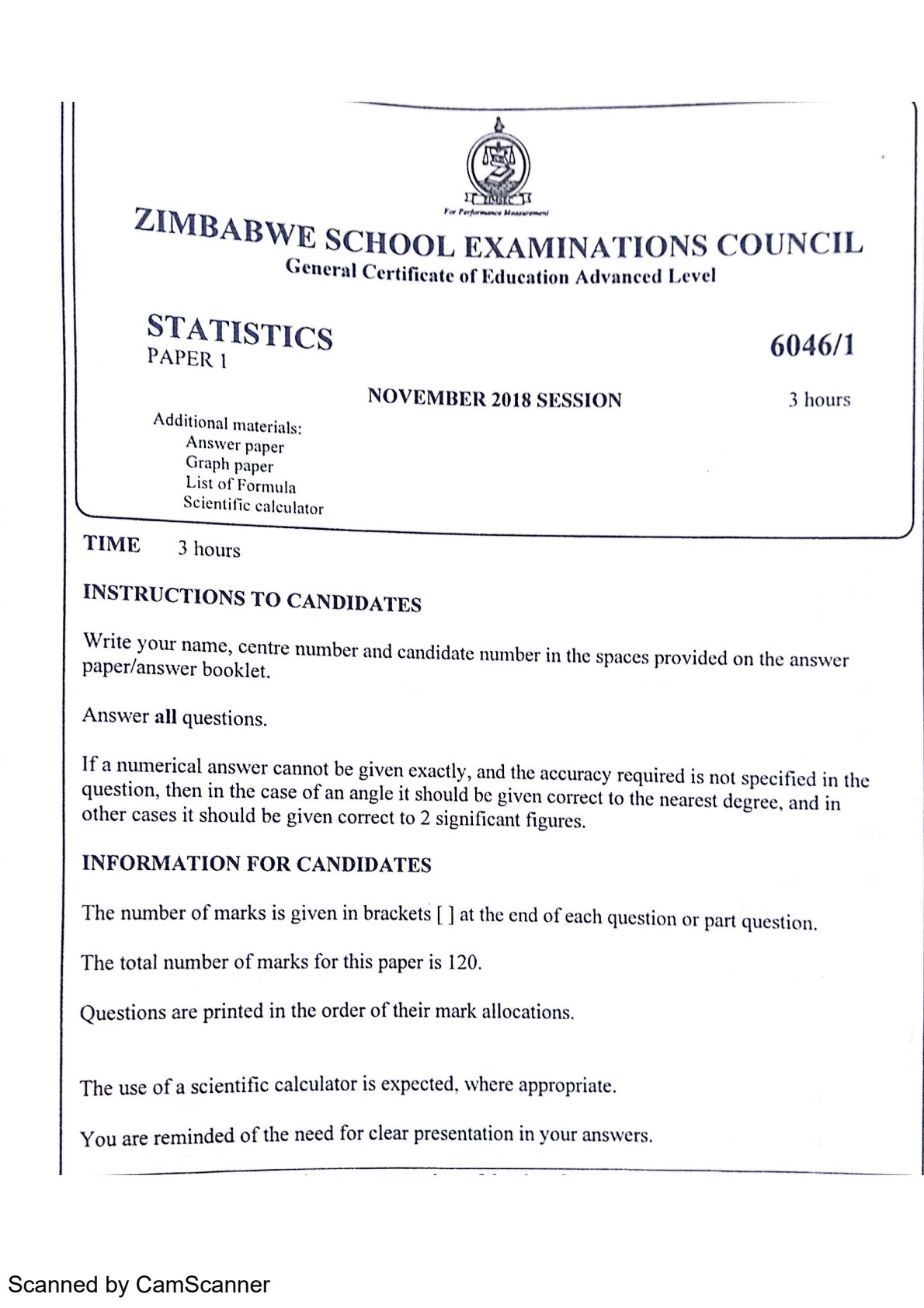 First page of ZIMSEC A-Level Statistics Paper 1 November 2018 Question Paper