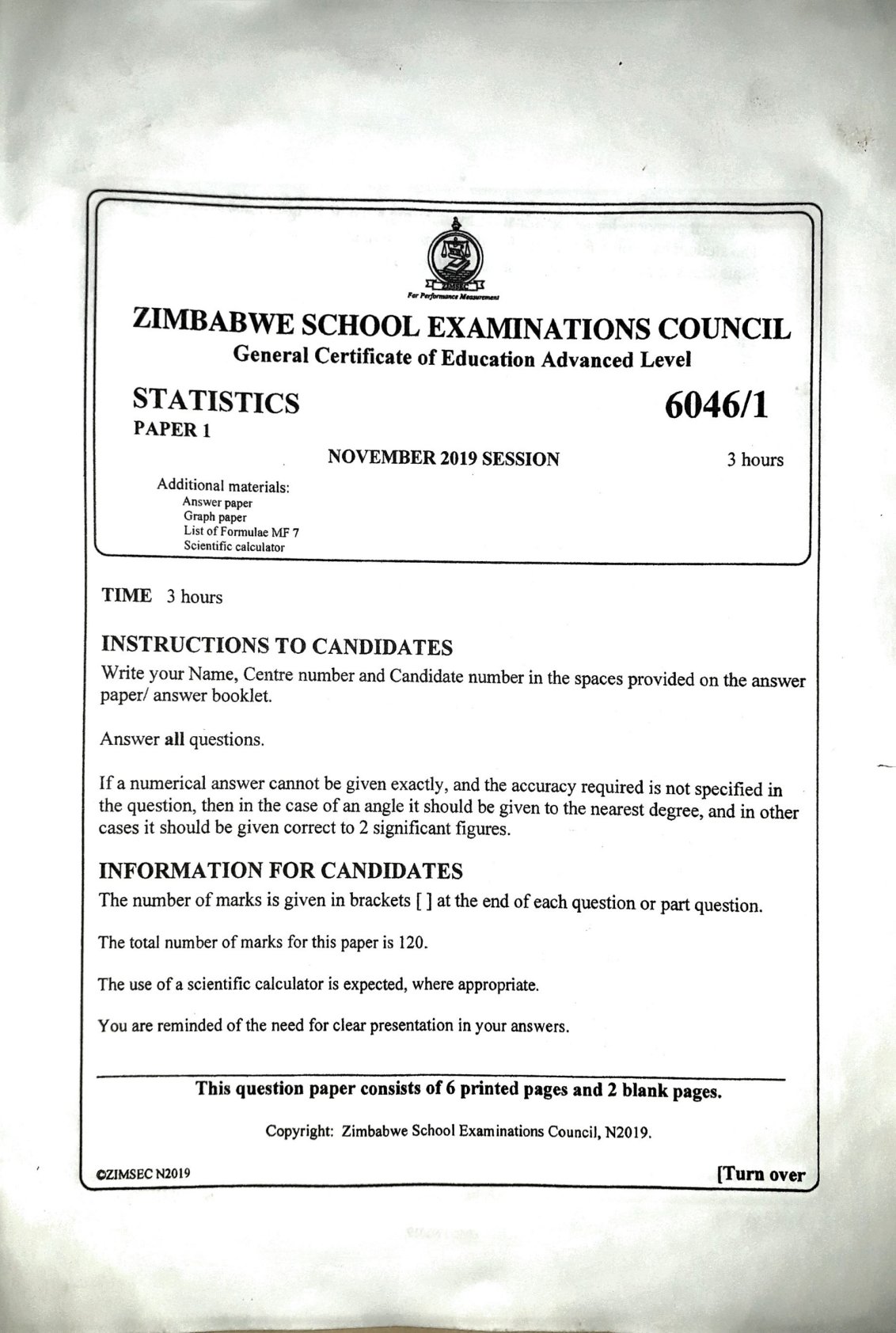 First page of ZIMSEC A-Level Statistics Paper 1 November 2019 Question Paper