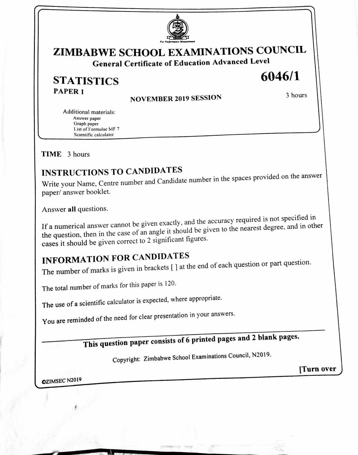 First page of ZIMSEC A-Level Statistics Paper 1 November 2019 Question Paper
