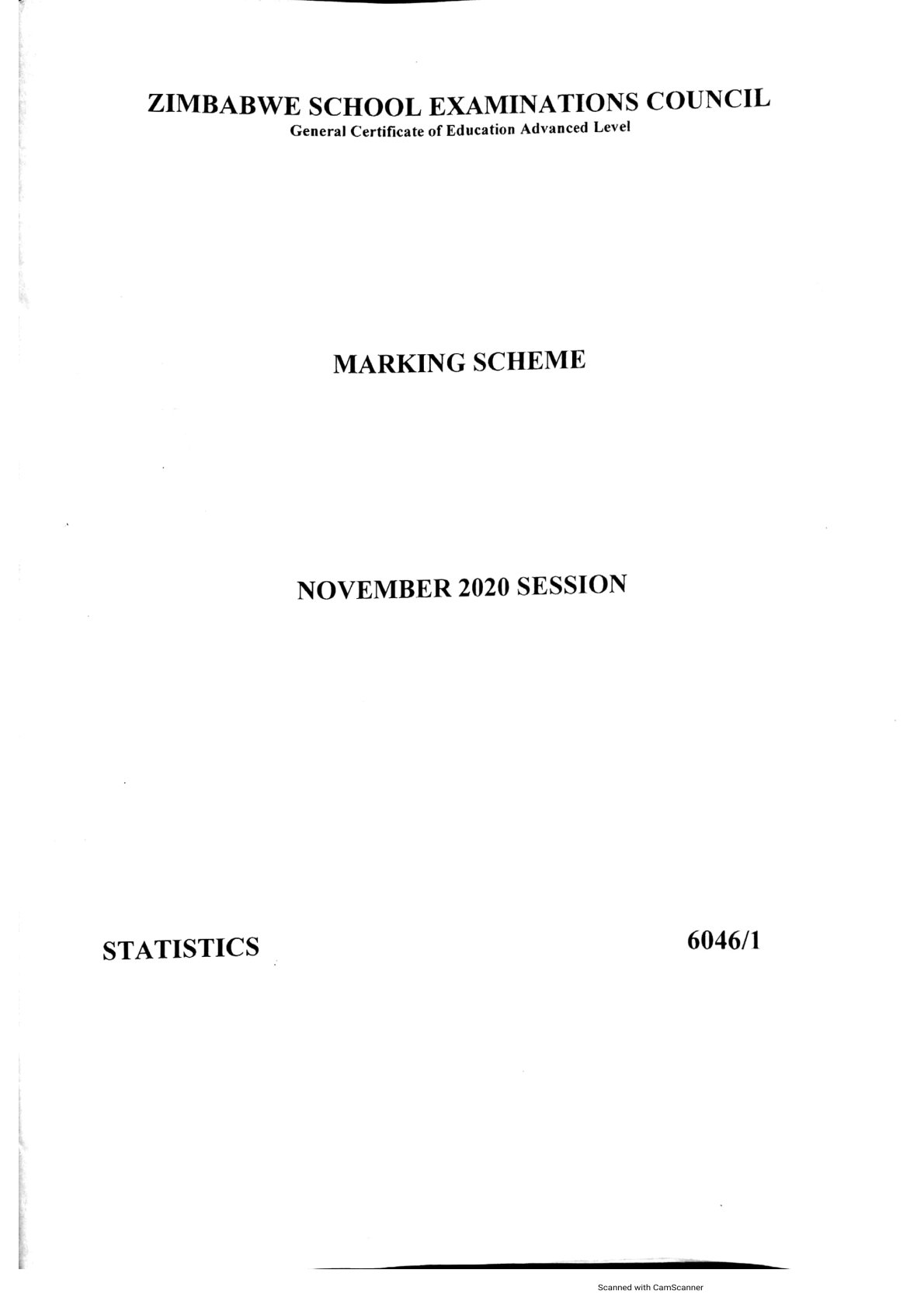 First page of ZIMSEC A-Level Statistics Paper 1 November 2020 Marking Scheme