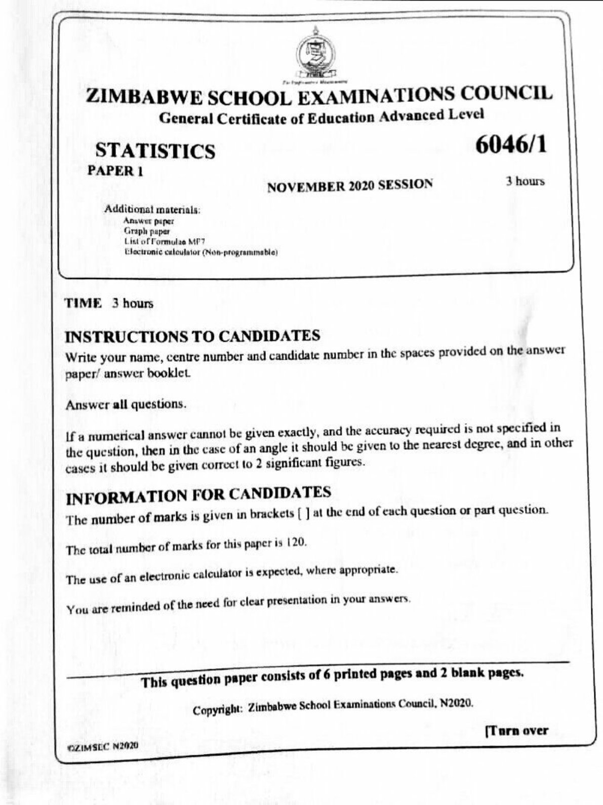 First page of ZIMSEC A-Level Statistics Paper 1 November 2020 Question Paper