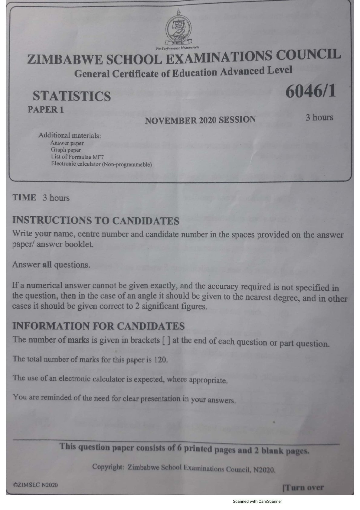 First page of ZIMSEC A-Level Statistics Paper 1 November 2020 Question Paper