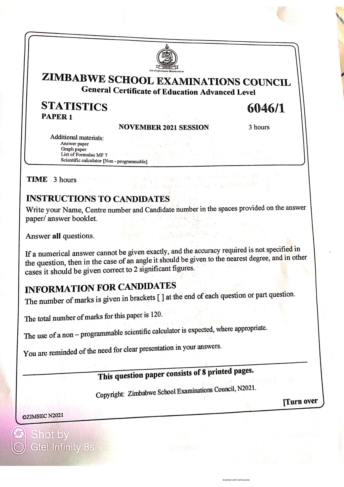 First page of ZIMSEC A-Level Statistics Paper 1 November 2021 Question Paper