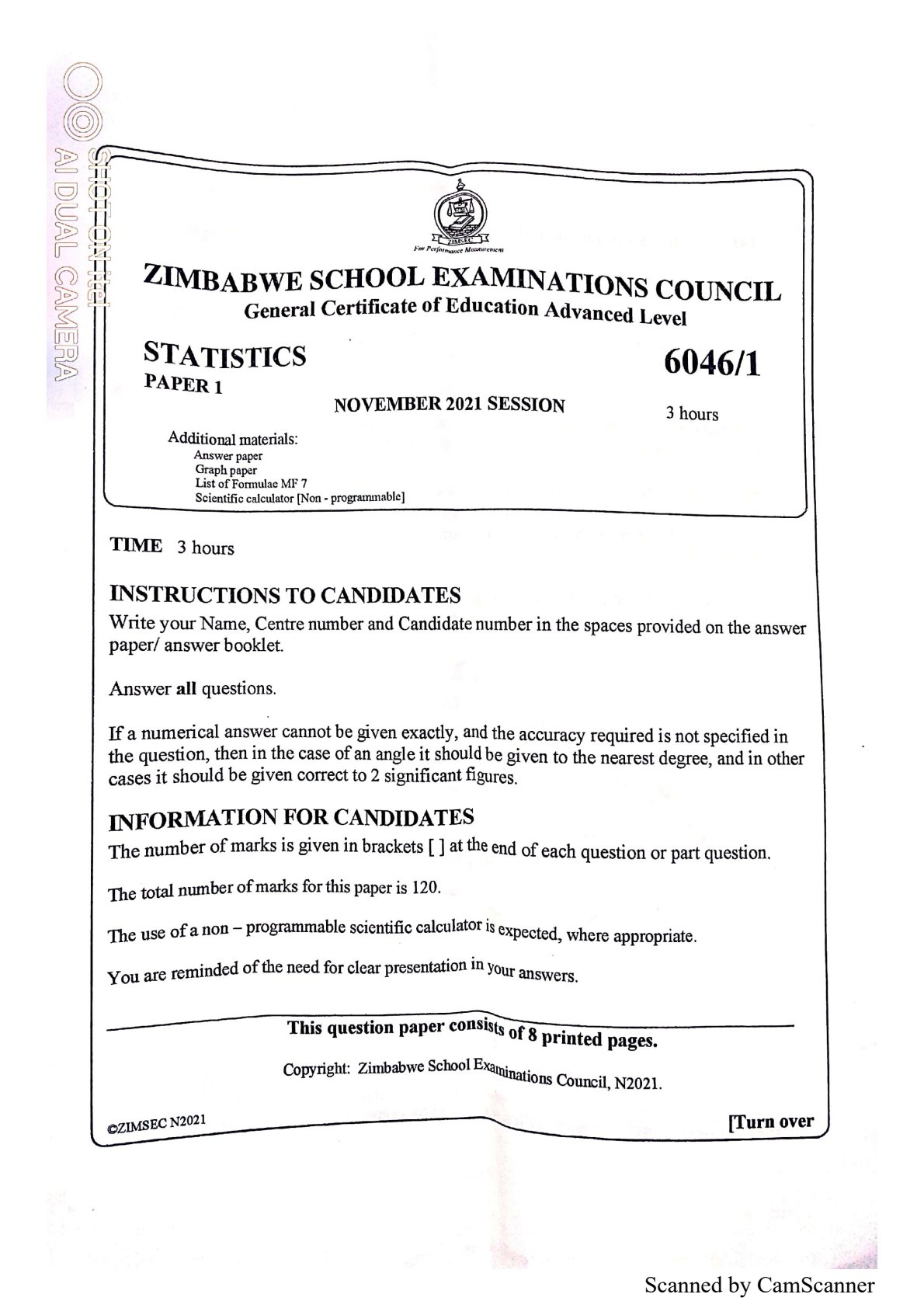 First page of ZIMSEC A-Level Statistics Paper 1 November 2021 Question Paper