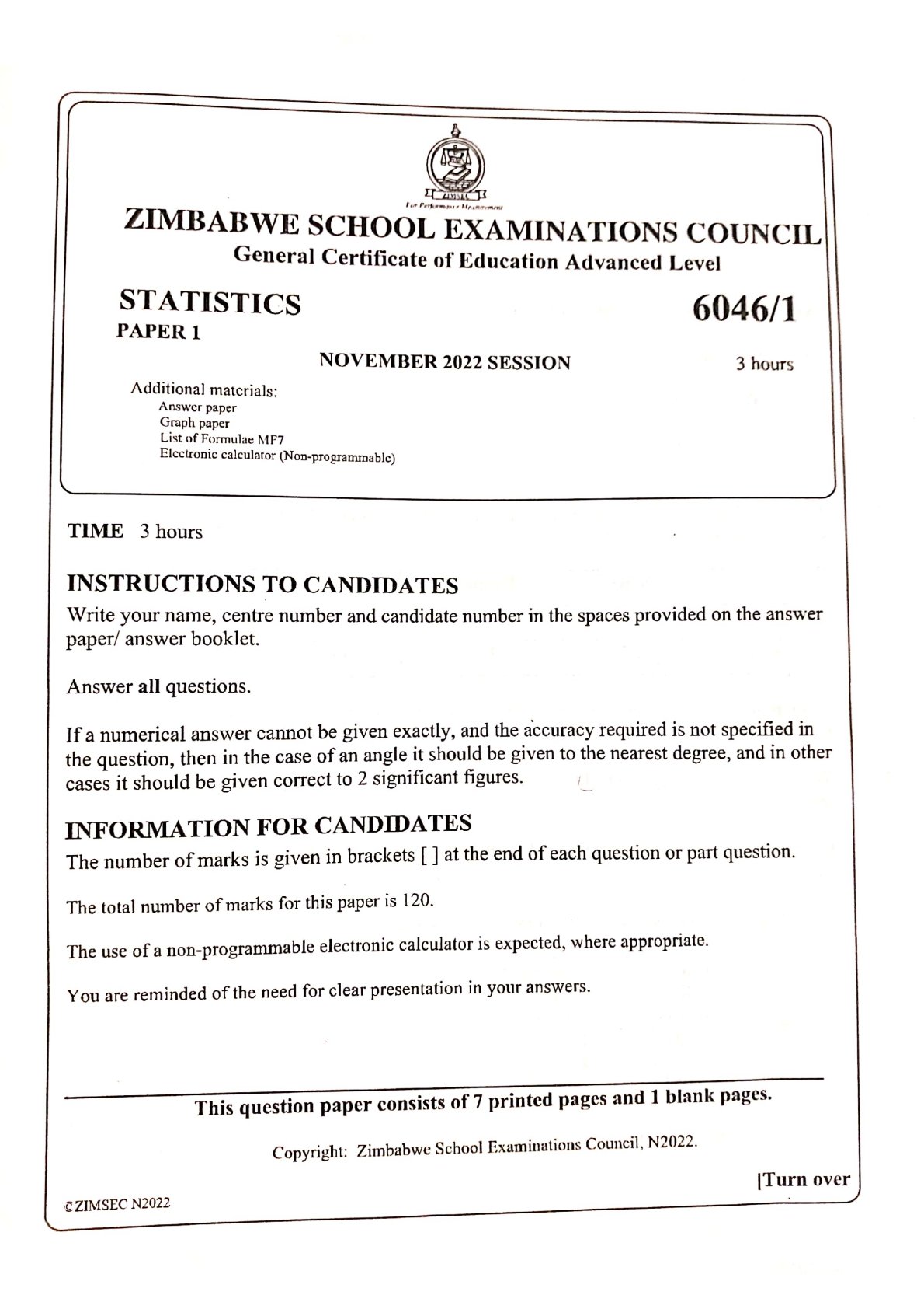 First page of ZIMSEC A-Level Statistics Paper 1 November 2022 Question Paper