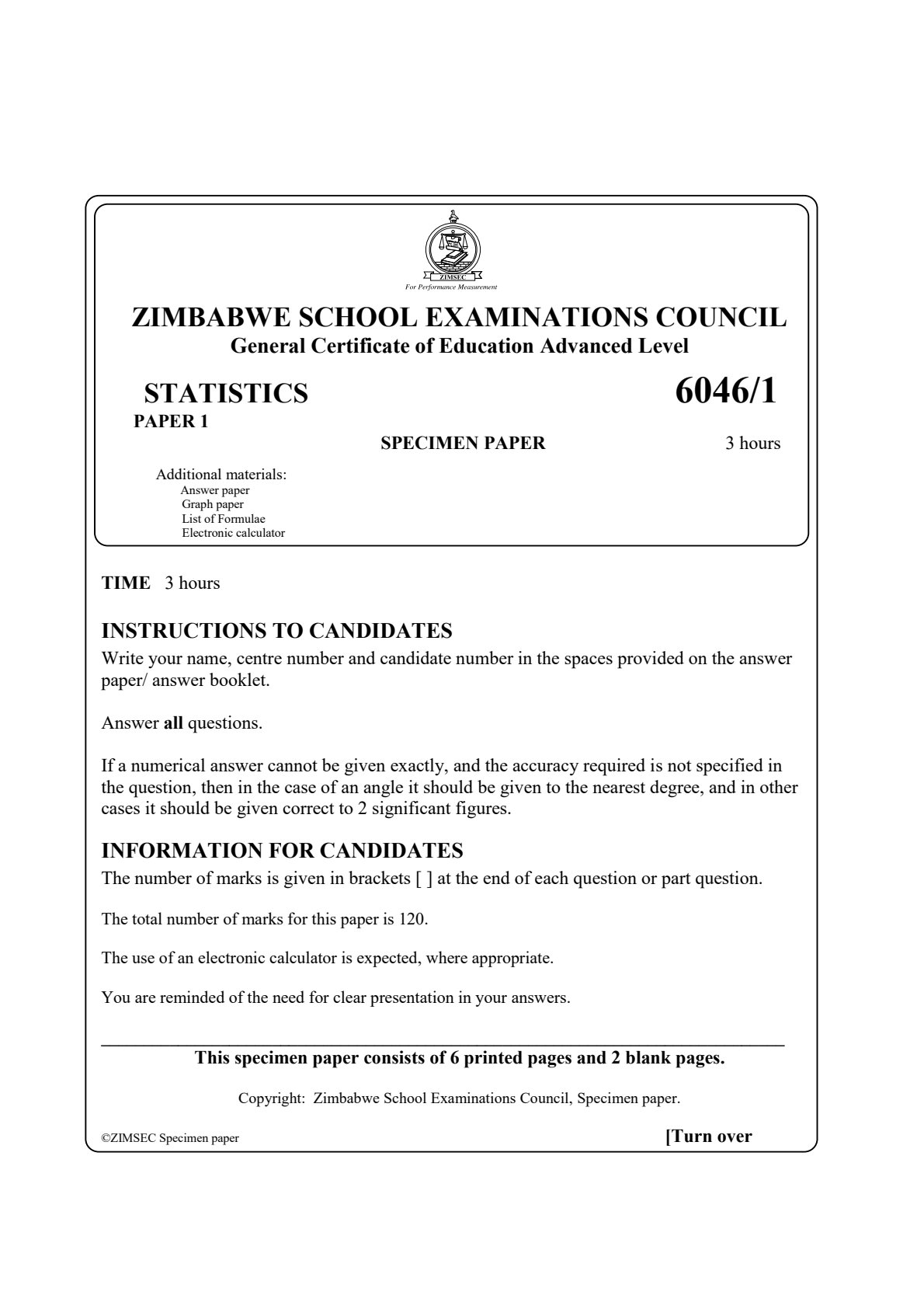 First page of ZIMSEC A-Level Statistics Paper 1 Question Paper