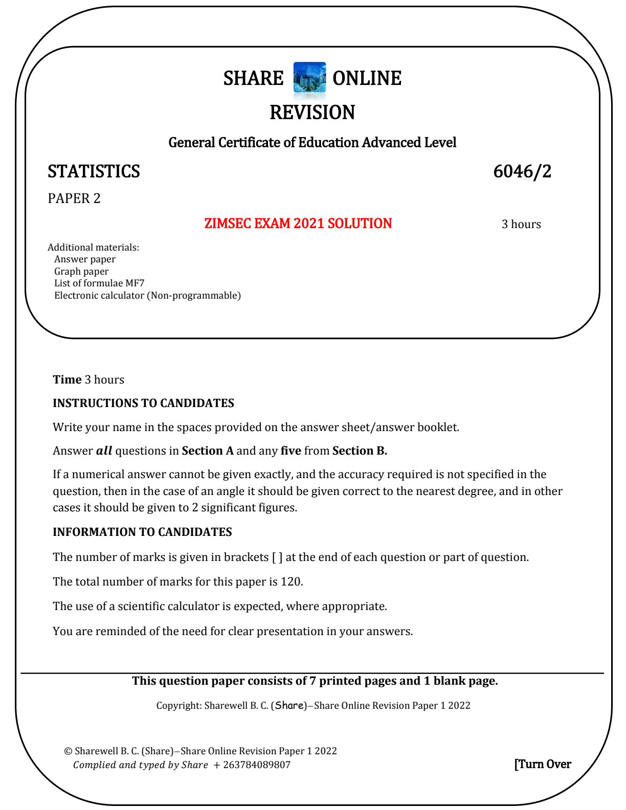 First page of ZIMSEC A-Level Statistics Paper 2 2021 Marking Scheme