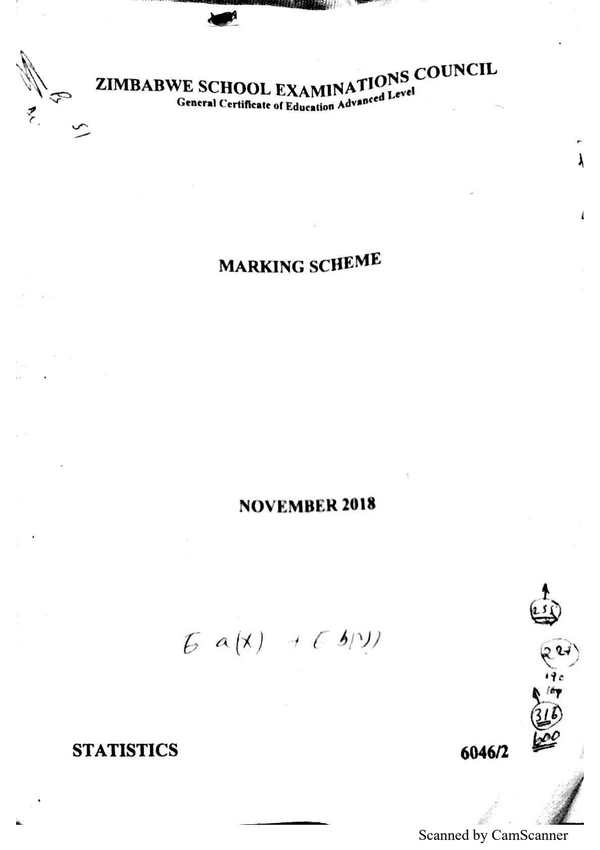First page of ZIMSEC A-Level Statistics Paper 2 November 2018 Marking Scheme