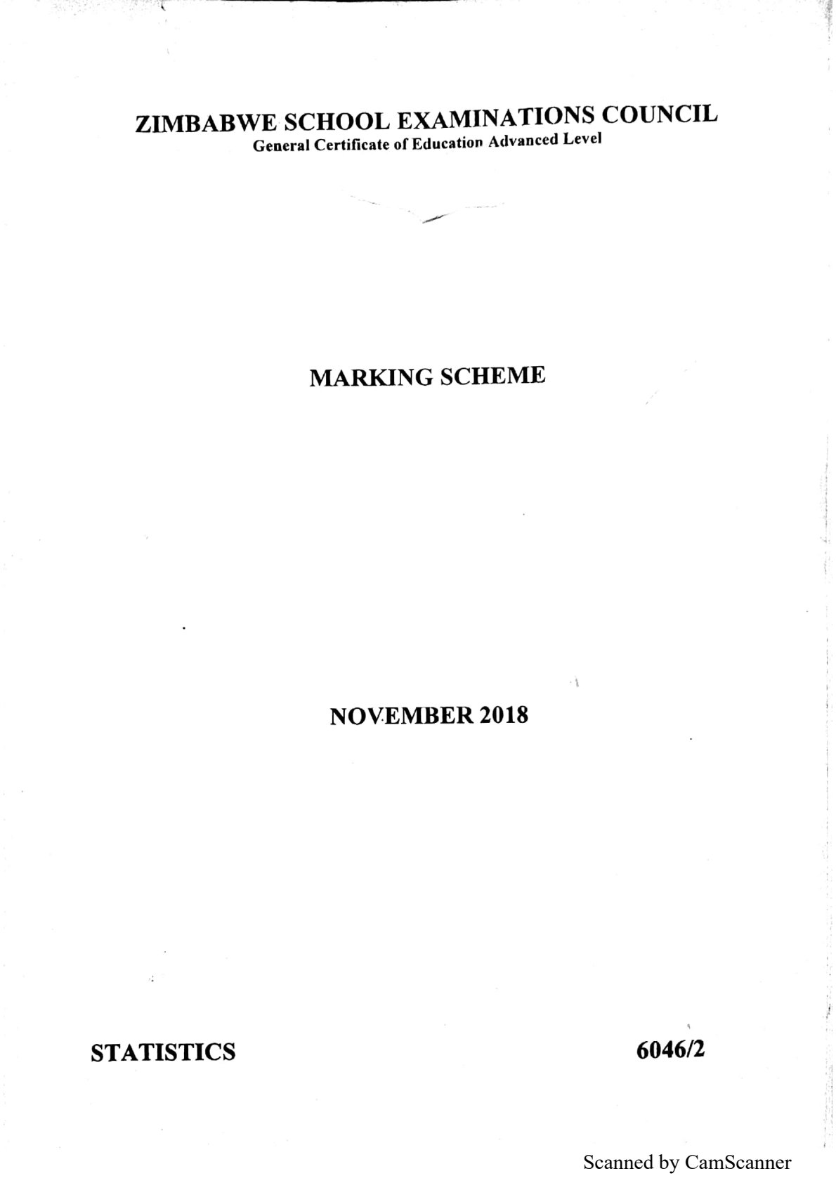 First page of ZIMSEC A-Level Statistics Paper 2 November 2018 Marking Scheme