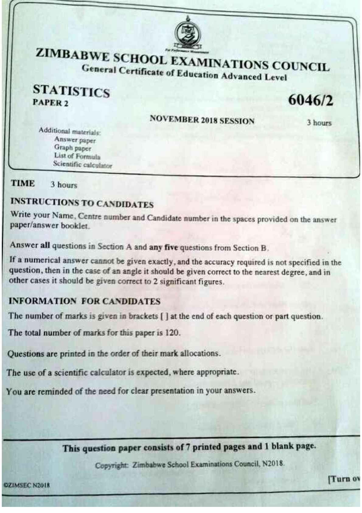 First page of ZIMSEC A-Level Statistics Paper 2 November 2018 Question Paper