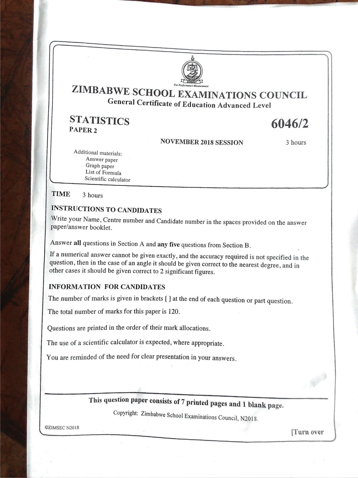 First page of ZIMSEC A-Level Statistics Paper 2 November 2018 Question Paper
