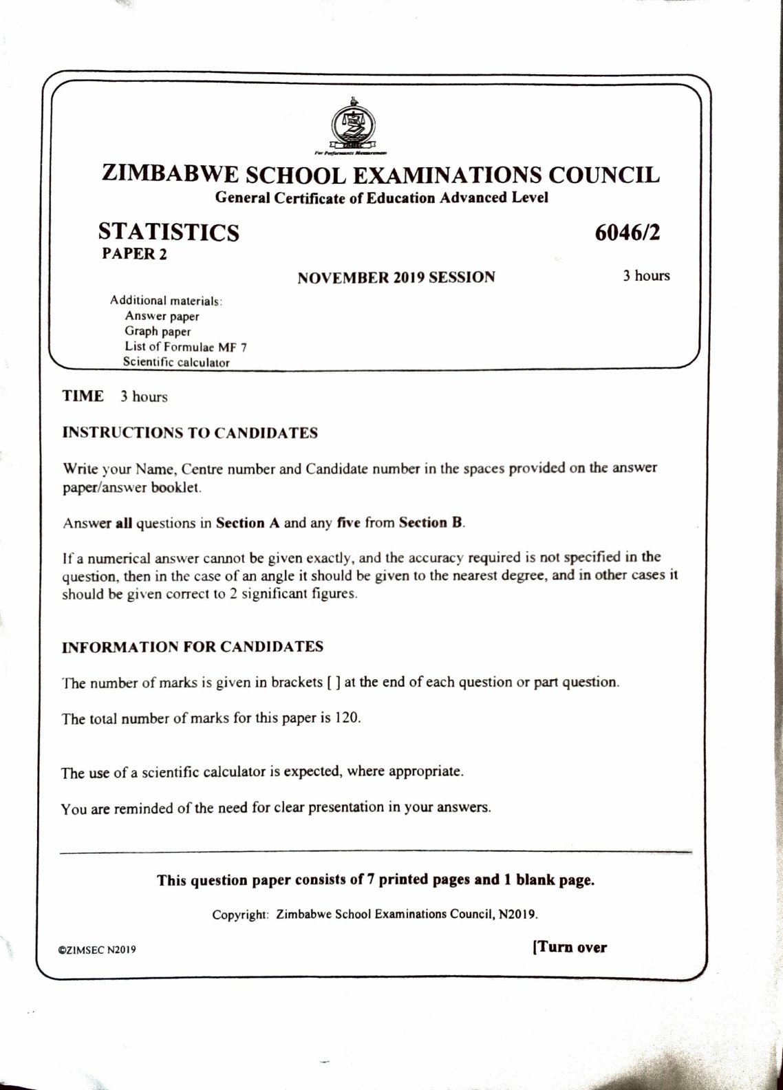 First page of ZIMSEC A-Level Statistics Paper 2 November 2019 Question Paper