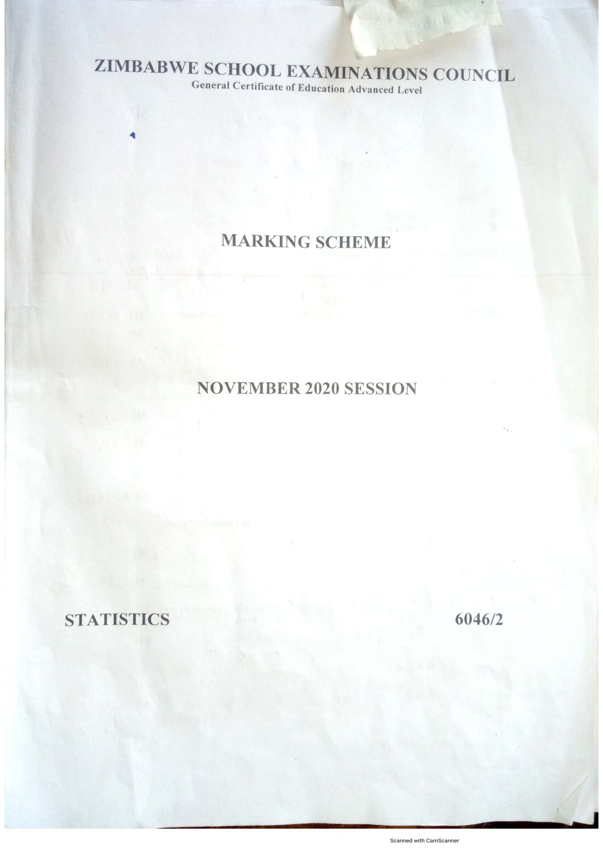 First page of ZIMSEC A-Level Statistics Paper 2 November 2020 Marking Scheme